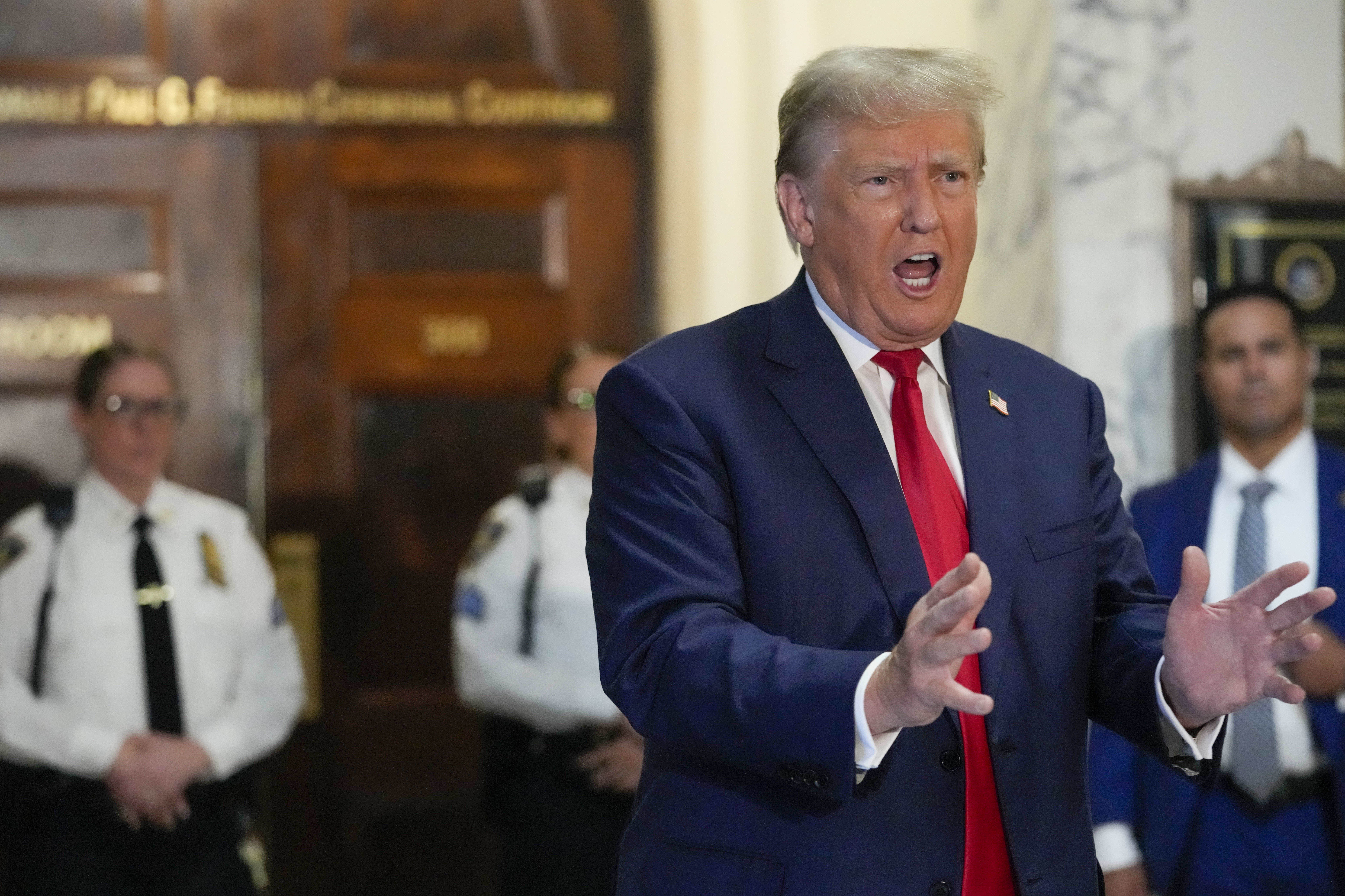 Former President Donald Trump speaks to the media before entering the courtroom at New York Supreme Court, Wednesday in New York. Trump showed up for several hours on the third day of his New York civil fraud trial, complaining anew about his treatment before leaving for Florida.
