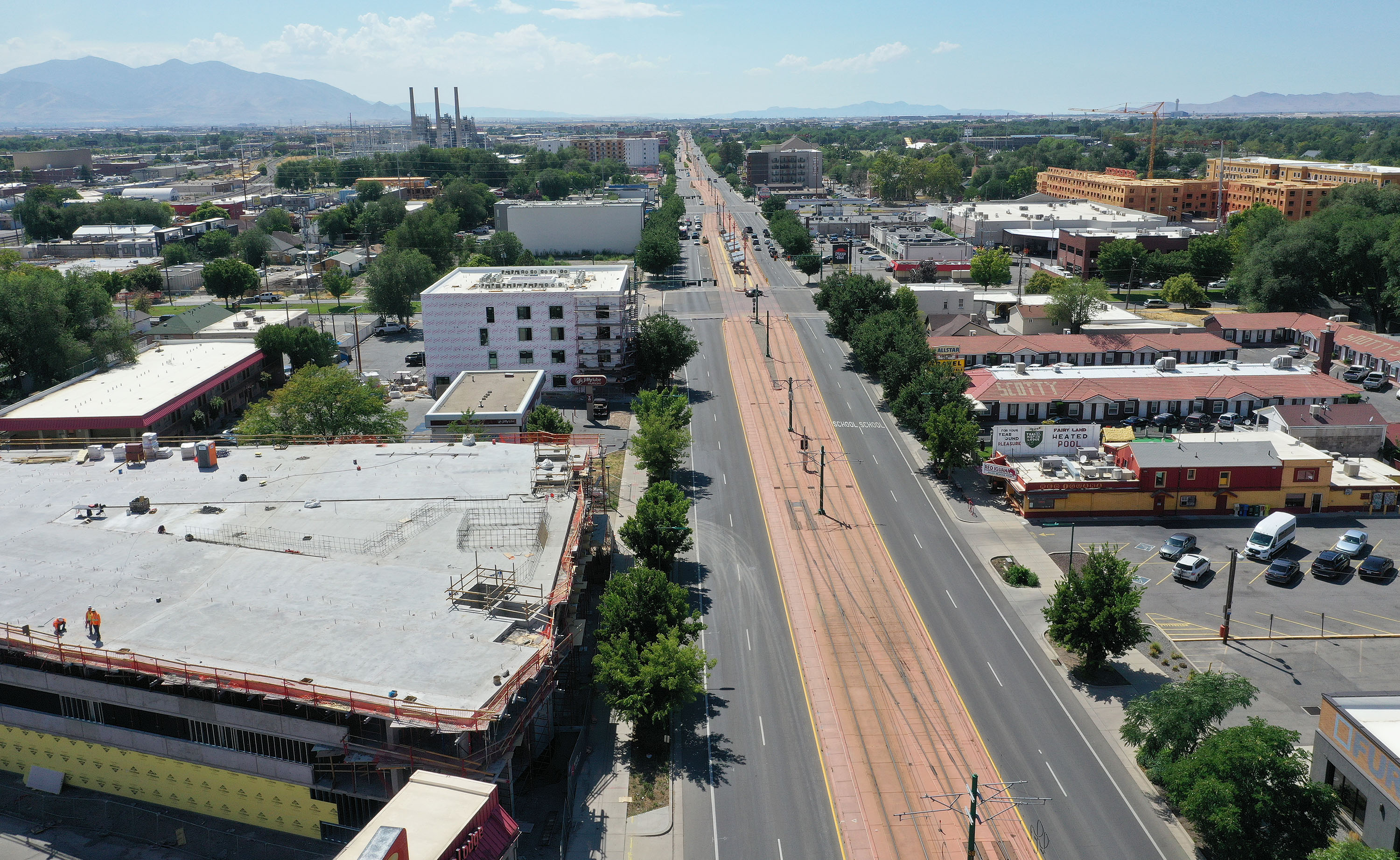 West side homes and businesses on North Temple in Salt Lake City on July 25. The street's corridor has exploded in development over the past few years, prompting the need for more green space like Madsen Park, city officials say.