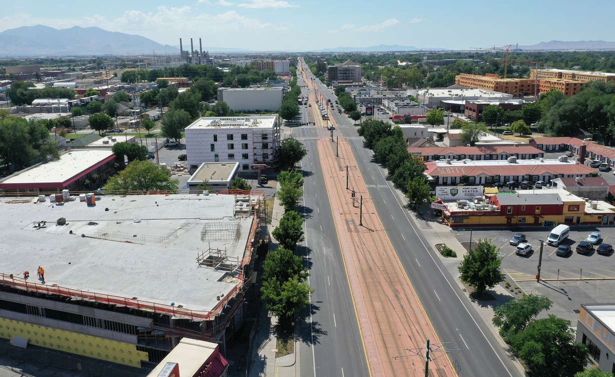 West side homes and businesses on North Temple in Salt Lake City on July 25. The street's corridor has exploded in development over the past few years, prompting the need for more green space like Madsen Park, city officials say.
