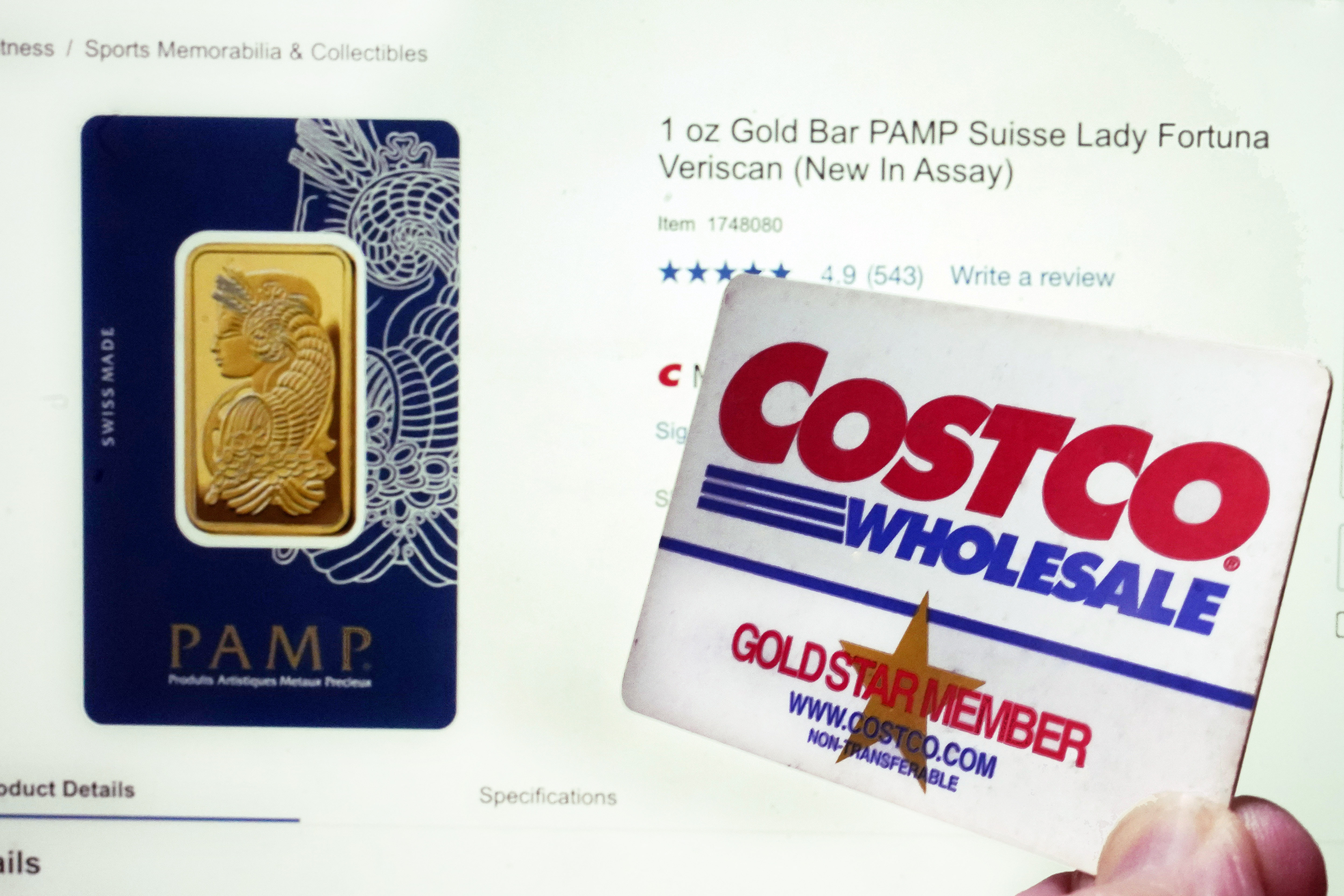 A Costco webpage featuring a one-ounce Gold Bar PAMP Suisse Lady Fortuna Veriscan, and a Costco membership card, are shown in this photo, in New York, Wednesday. Costco CFO Richard Galanti said the gold bars, which are sold exclusively online, are "typically gone within a few hours."