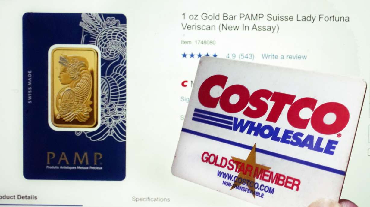 A Costco webpage featuring a one-ounce Gold Bar PAMP Suisse Lady Fortuna Veriscan, and a Costco membership card, are shown in this photo, in New York, Wednesday. Costco CFO Richard Galanti said the gold bars, which are sold exclusively online, are "typically gone within a few hours."
