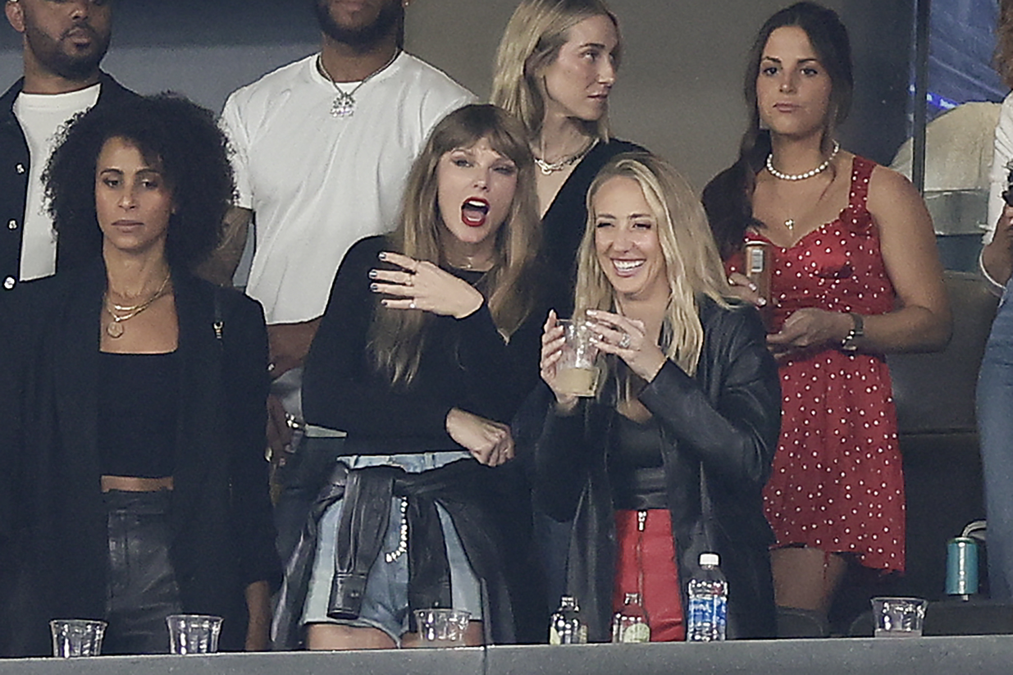 CORRECTS TO BRITTANY MAHOMES NOT BLAKE LIVELY - Taylor Swift, second from left, and Brittany Mahomes, second from right, watch play between the New York Jets and the Kansas City Chiefs during the second quarter of an NFL football game, Sunday, Oct. 1, 2023, in East Rutherford, N.J.