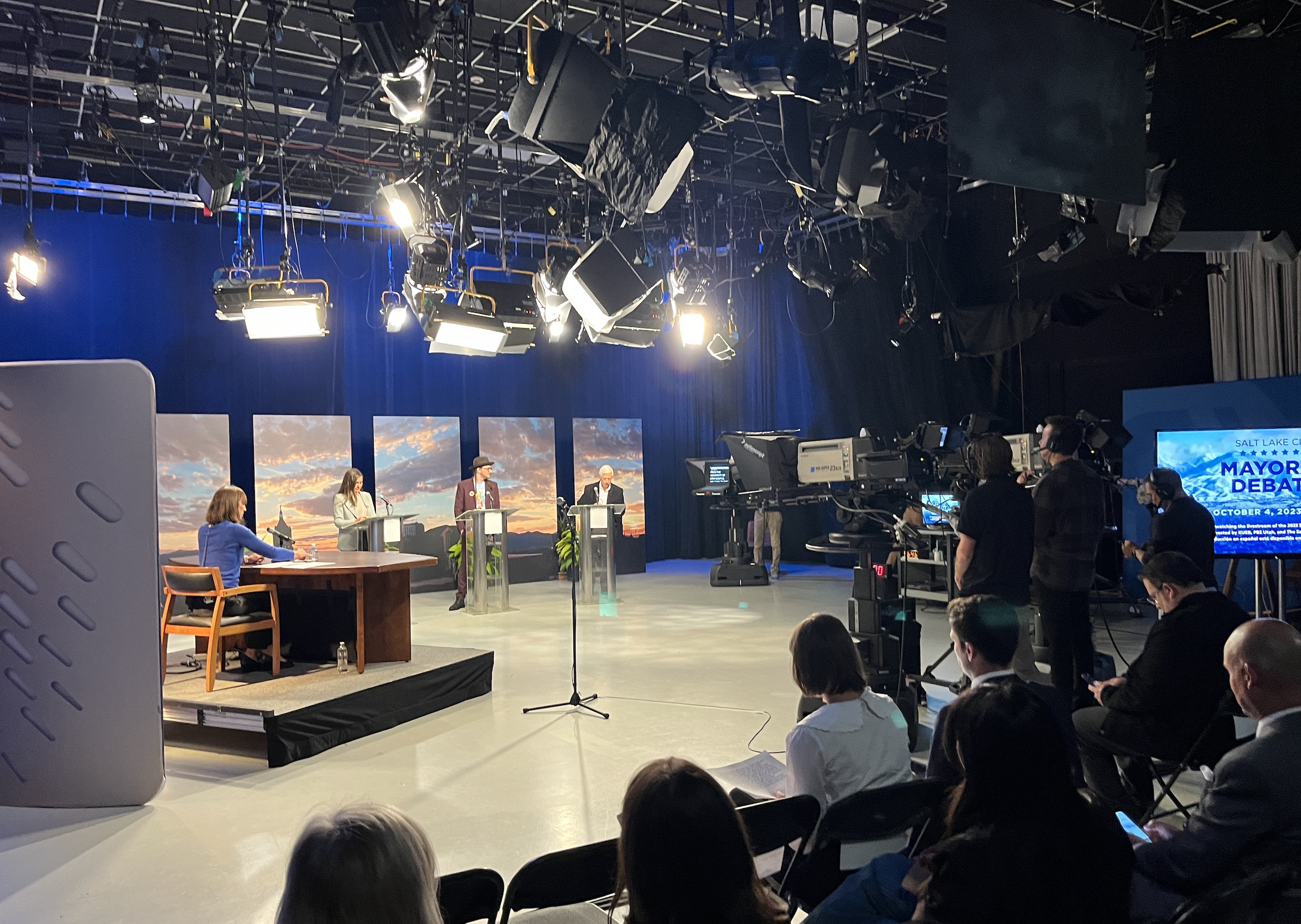 Salt Lake City Mayoral candidates prepare for a televised debate at the PBS Utah studio on the University of Utah campus in Salt Lake City on Wednesday evening.