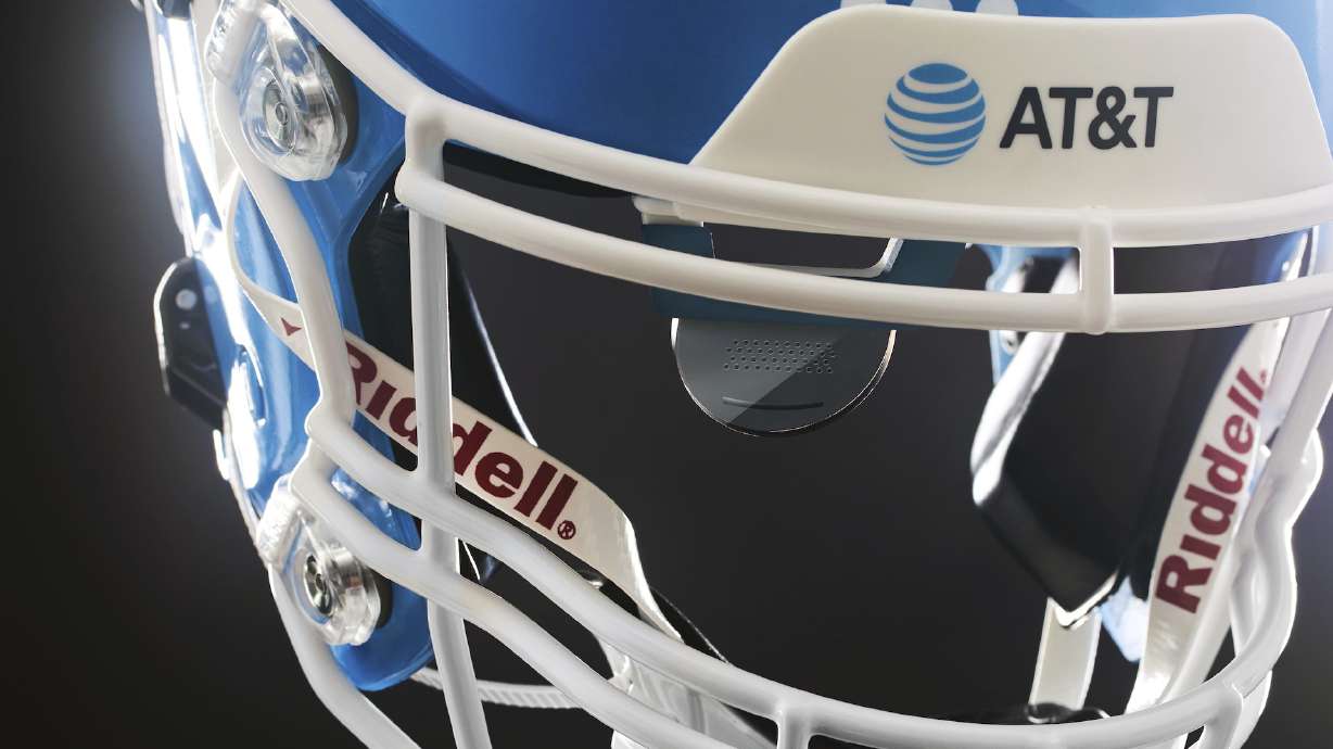 This handout provided by AT&T shows a football helmet developed for quarterbacks who are deaf or hard of hearing, at Gallaudet University in Washington D.C., Sept. 22, 2023.