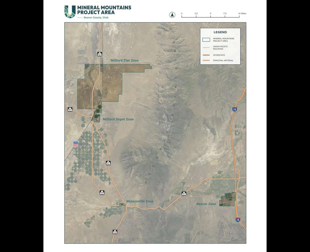 A map shows where the Mineral Mountains Project Area will be located throughout Beaver County.