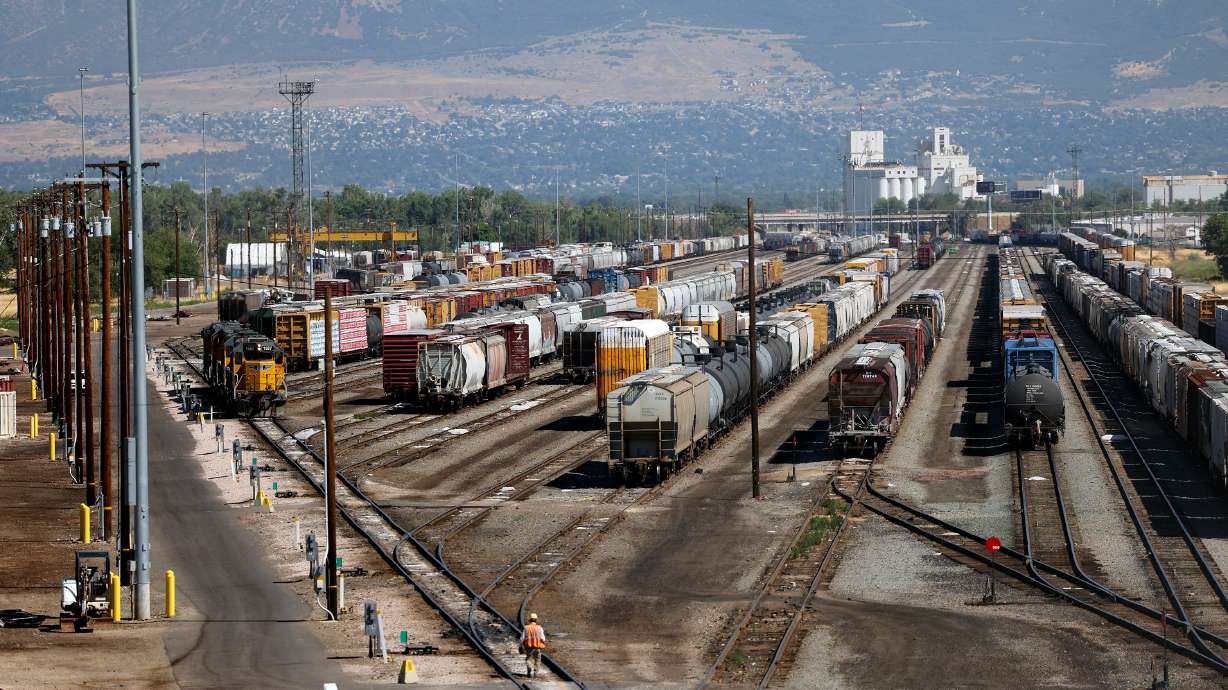 Trains sit on tracks at a rail yard in Riverdale, Weber County, on Aug. 23, 2022. The Utah Inland Port Authority's board of directors on Wednesday voted unanimously to approve the Mineral Mountains Project Area in Beaver County.