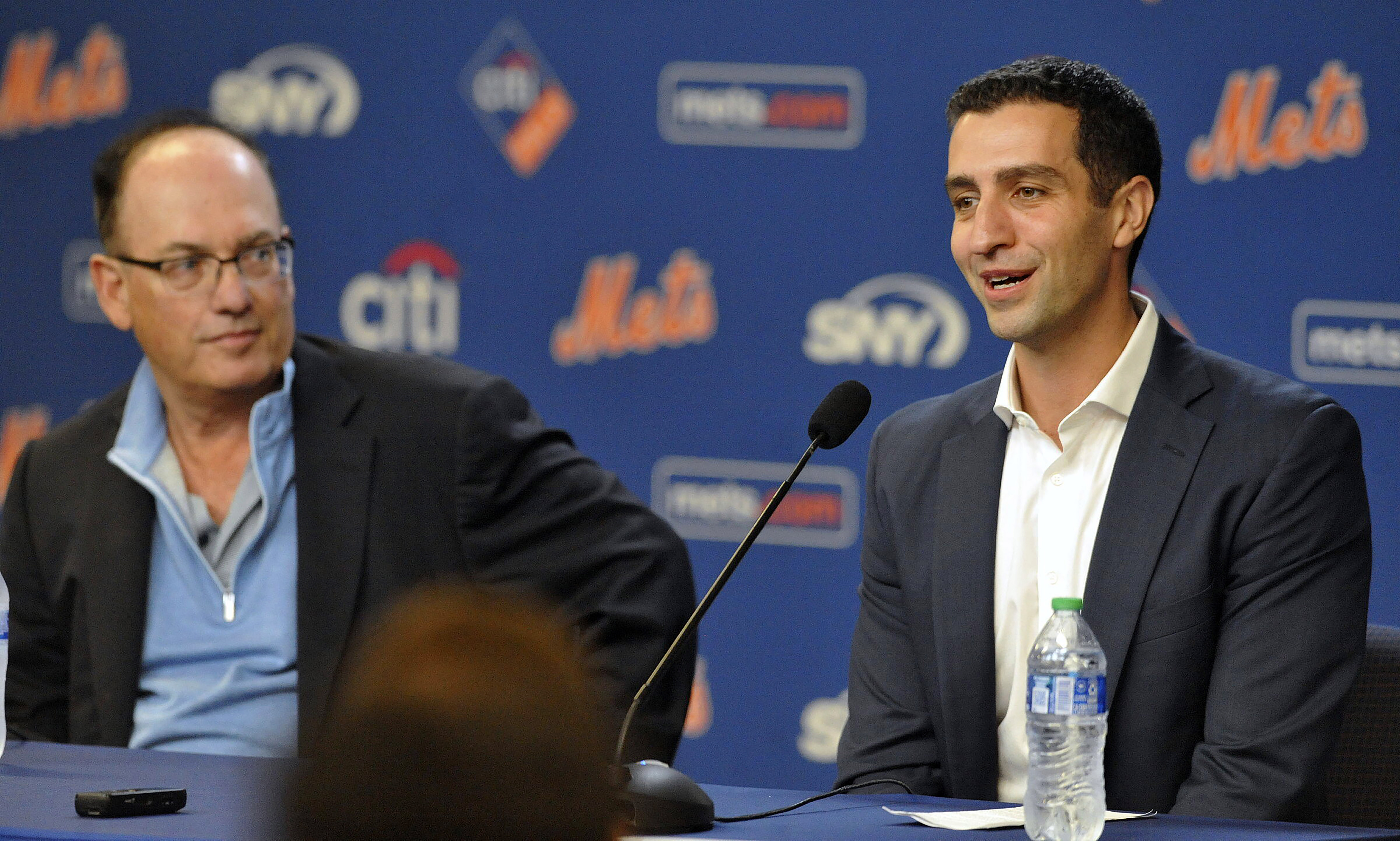 David Stearns, newly named New York Mets President of Baseball Operations, right, sits alongside Mets owner Steve Cohen during Mr. Stearns' introductory news conference at Citi Field in New York on Monday, Oct. 2, 2023.