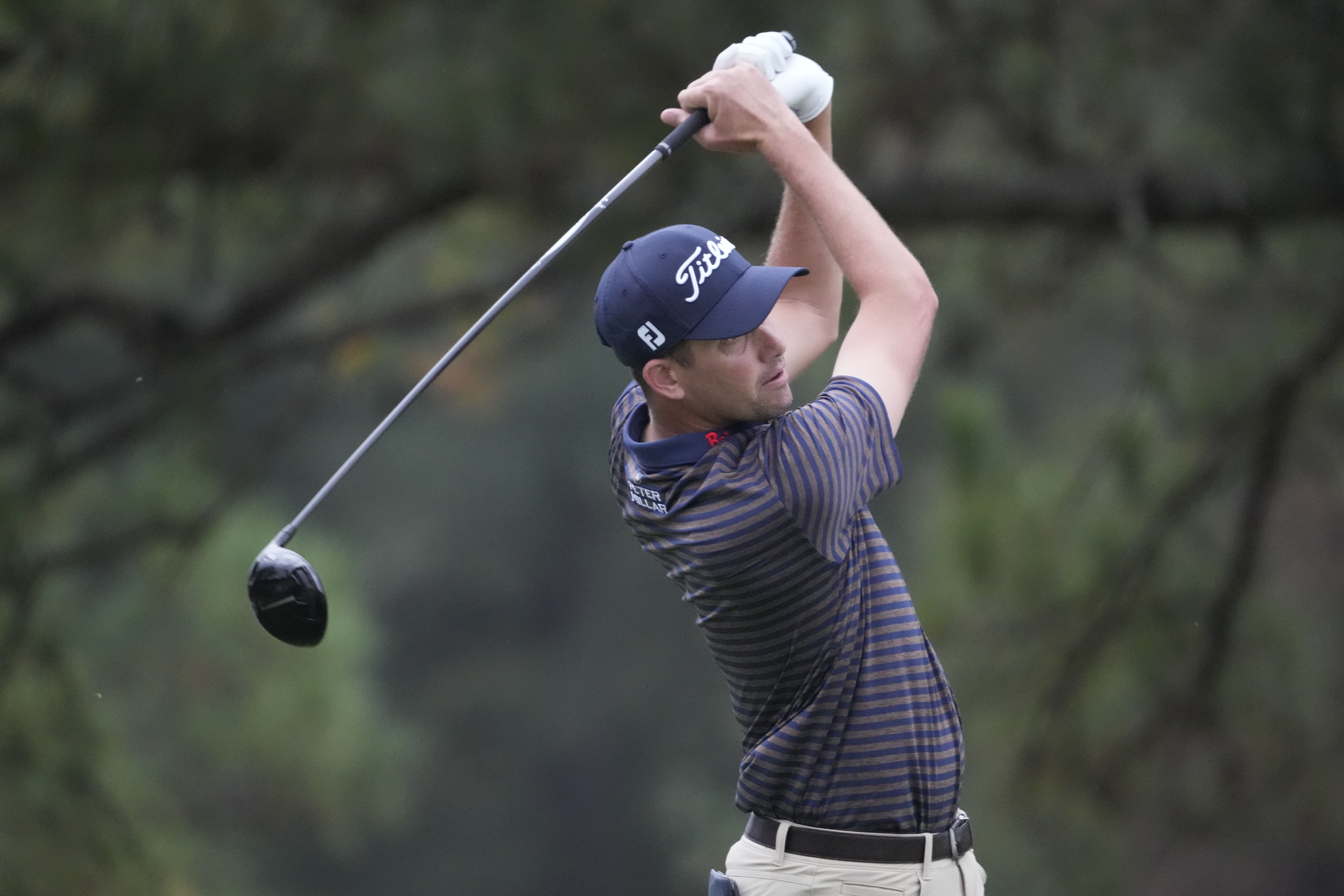 Chesson Hadley watches his shot from the ninth tee during the first round of the Sanderson Farms Championship golf tournament in Jackson, Miss., Thursday, Oct. 5, 2023.