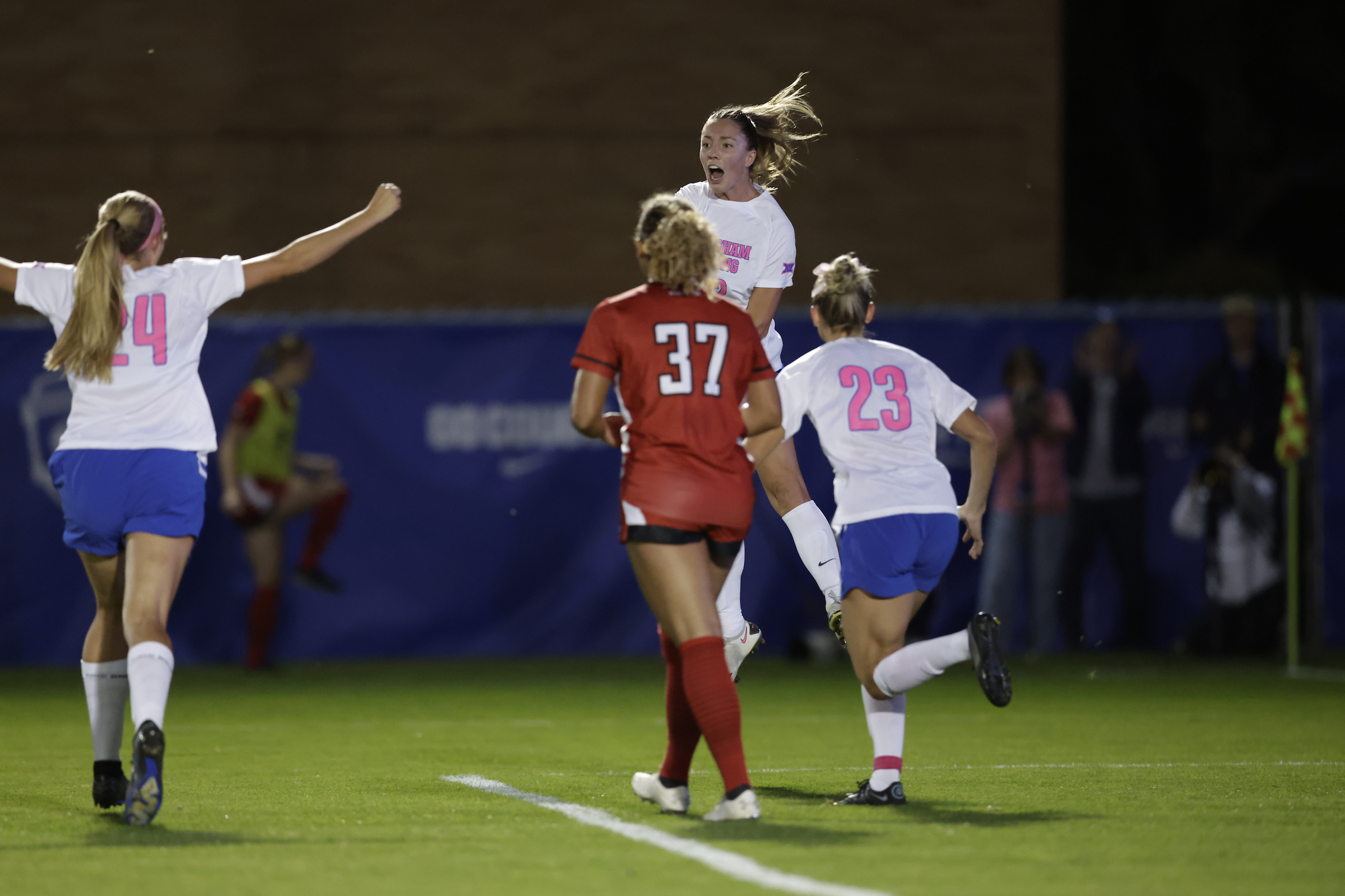 BYU midfielder Jamie Shepherd celebrates her first goal of the year during a 2-2 tie with No. 7 Texas Tech, Thursday, Oct. 5, 2023 during an NCAA women's soccer match at South Field in Provo.