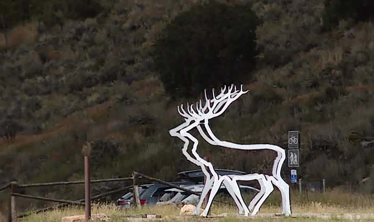 A wildlife sculpture is shown near Park City Wednesday. After two moose were killed on one day, a wildlife advocacy group is continuing to ask UDOT to add more wildlife fencing and cattle guards, and repair existing fencing that was damaged.