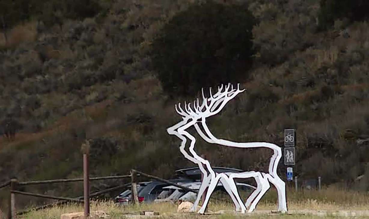 A wildlife sculpture is shown near Park City Wednesday. After two moose were killed on one day, a wildlife advocacy group is continuing to ask UDOT to add more wildlife fencing and cattle guards, and repair existing fencing that was damaged.