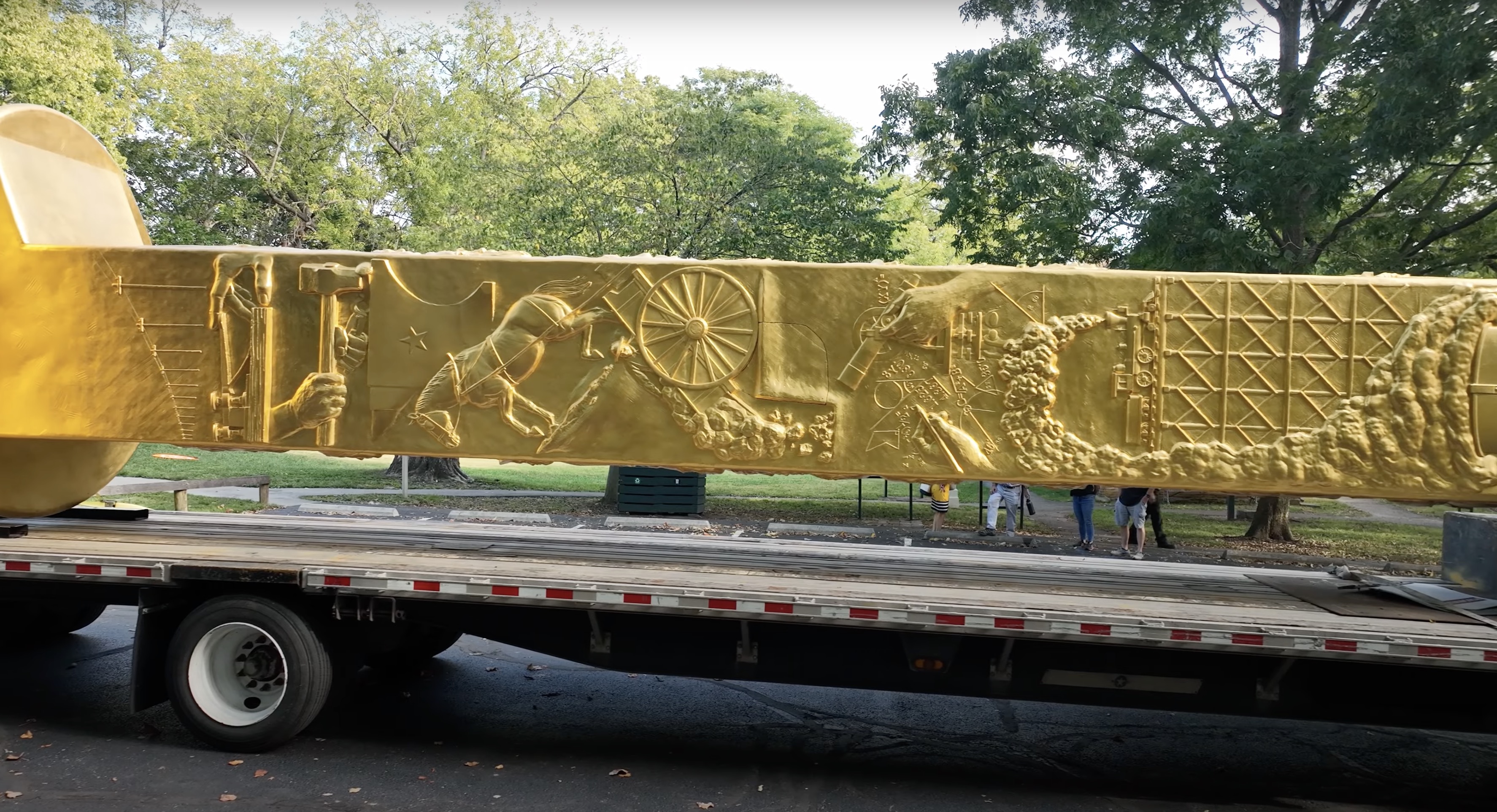 A section of the Golden Spike Monument was unveiled in Lexington, Kentucky, on Thursday. The monument will be installed at Utah's Golden Spike National Historical Park near Corinne, Box Elder County, next year.