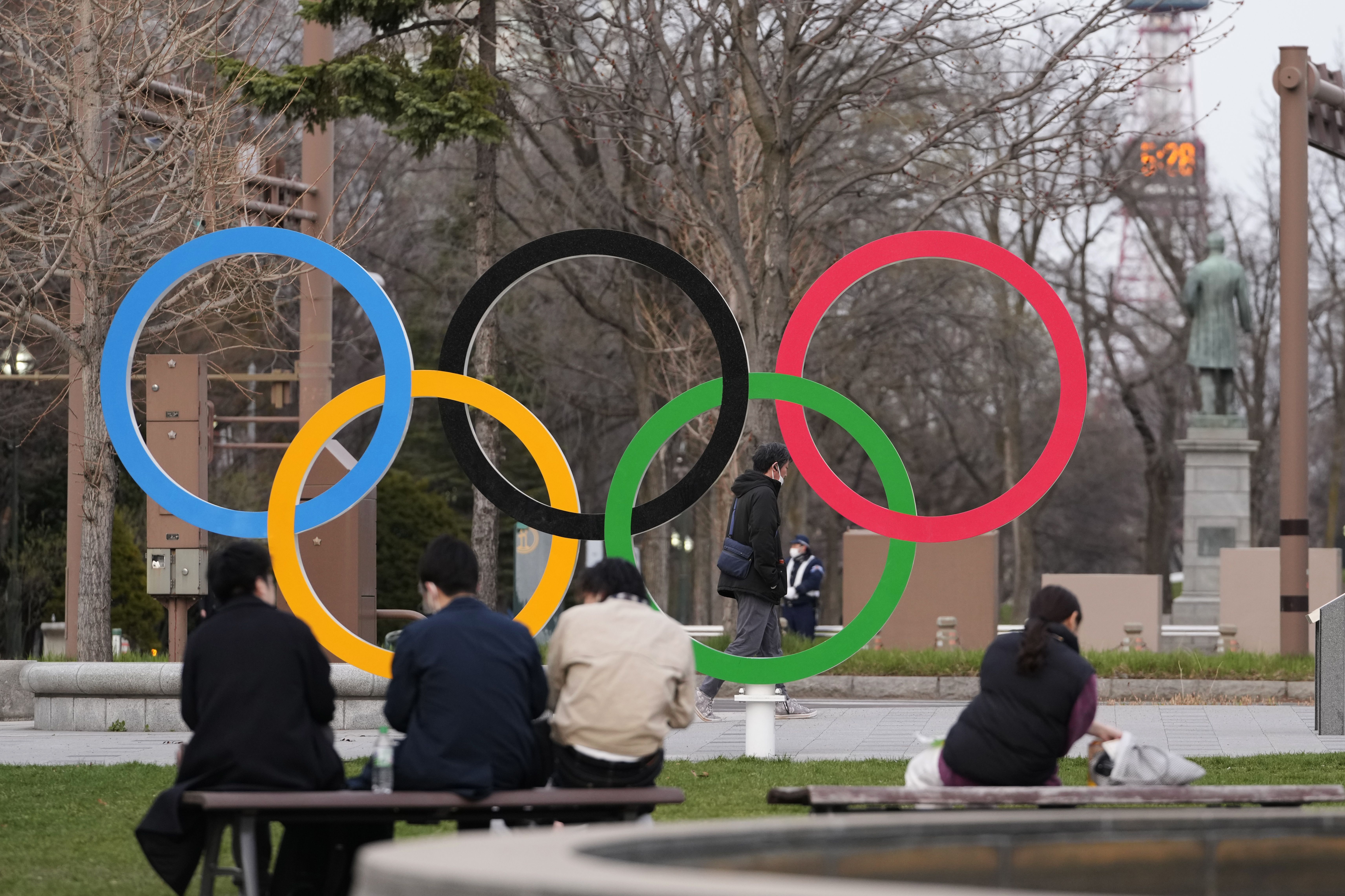 The Olympic rings are displayed in Sapporo, northern Japan, on April 15. Japan appears to be pushing back its bid for a future Winter Games.