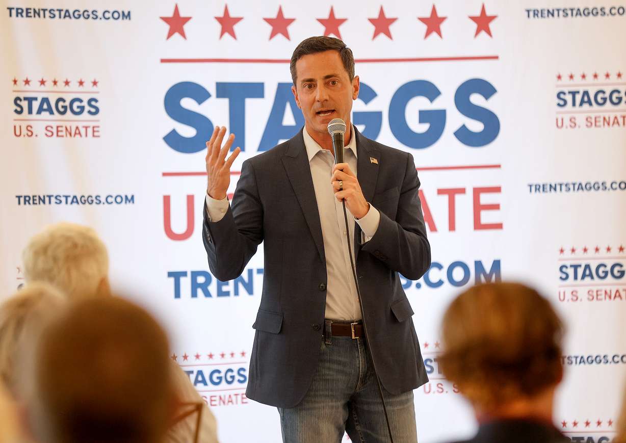 Trent Staggs speaks at a fundraising event for his U.S. Senate campaign at Siempre in Draper on Monday, Sept. 18, 2023.
