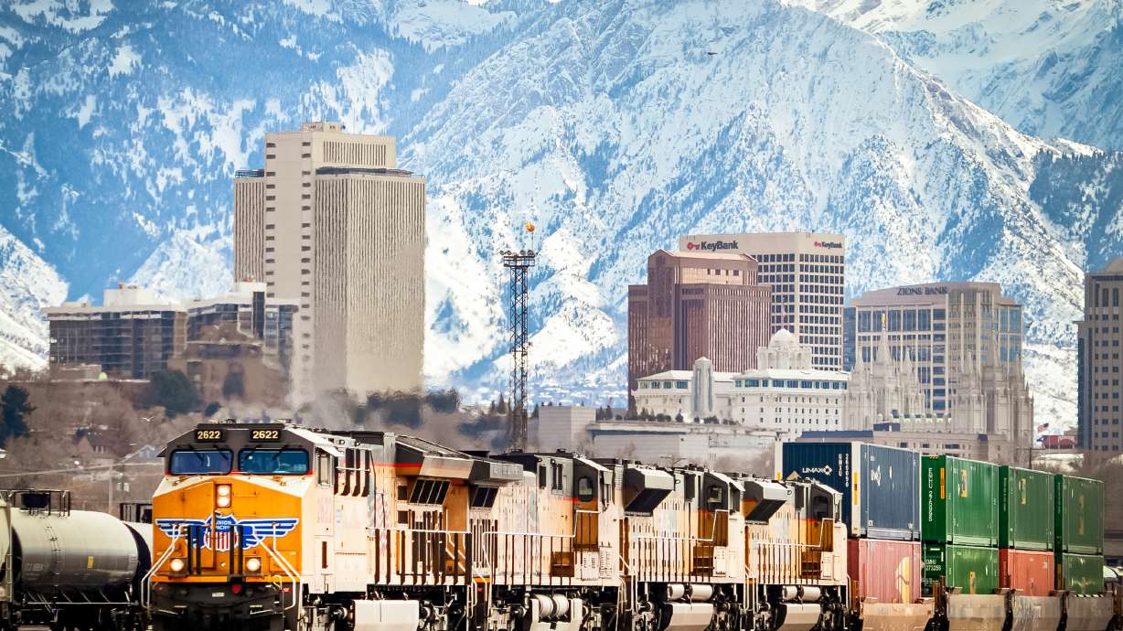 A Union Pacific train chugs past Salt Lake City on Feb. 24, 2019. Salt Lake City leaders are collecting complaints about stopped trains on the city's west side, which they say have gotten worse in recent years.