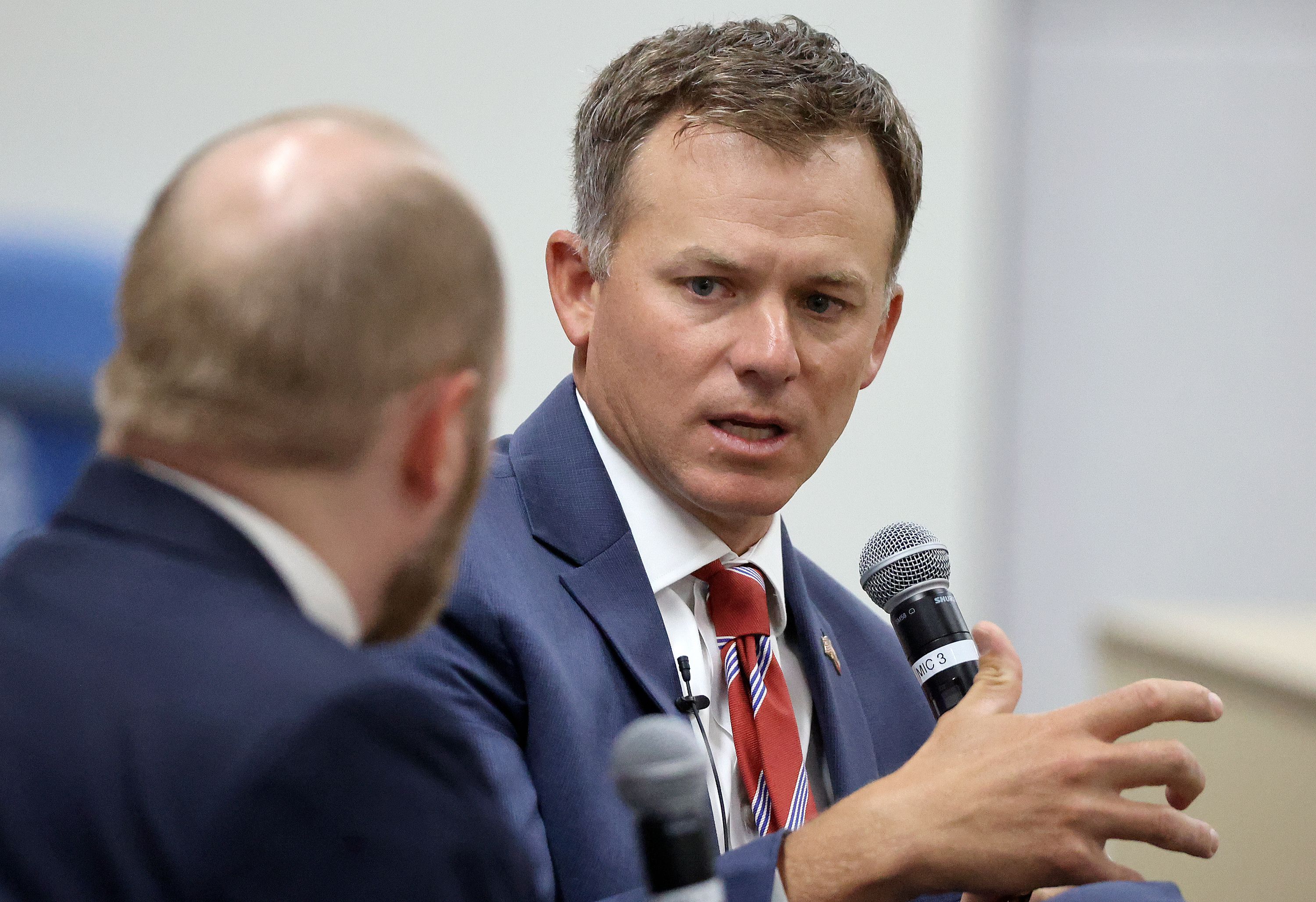 Rep. Blake Moore, R-Utah, speaks on the topic “Federal Taxes, Debt and Deficit” at Sutherland Institute’s 2023 Congressional Series at Weber State University on Aug. 29. A group of GOP representatives, including Moore, wrote a letter to their Republican colleagues, expressing their disapproval of the ousting of Rep. Kevin McCarthy from his role as speaker. 