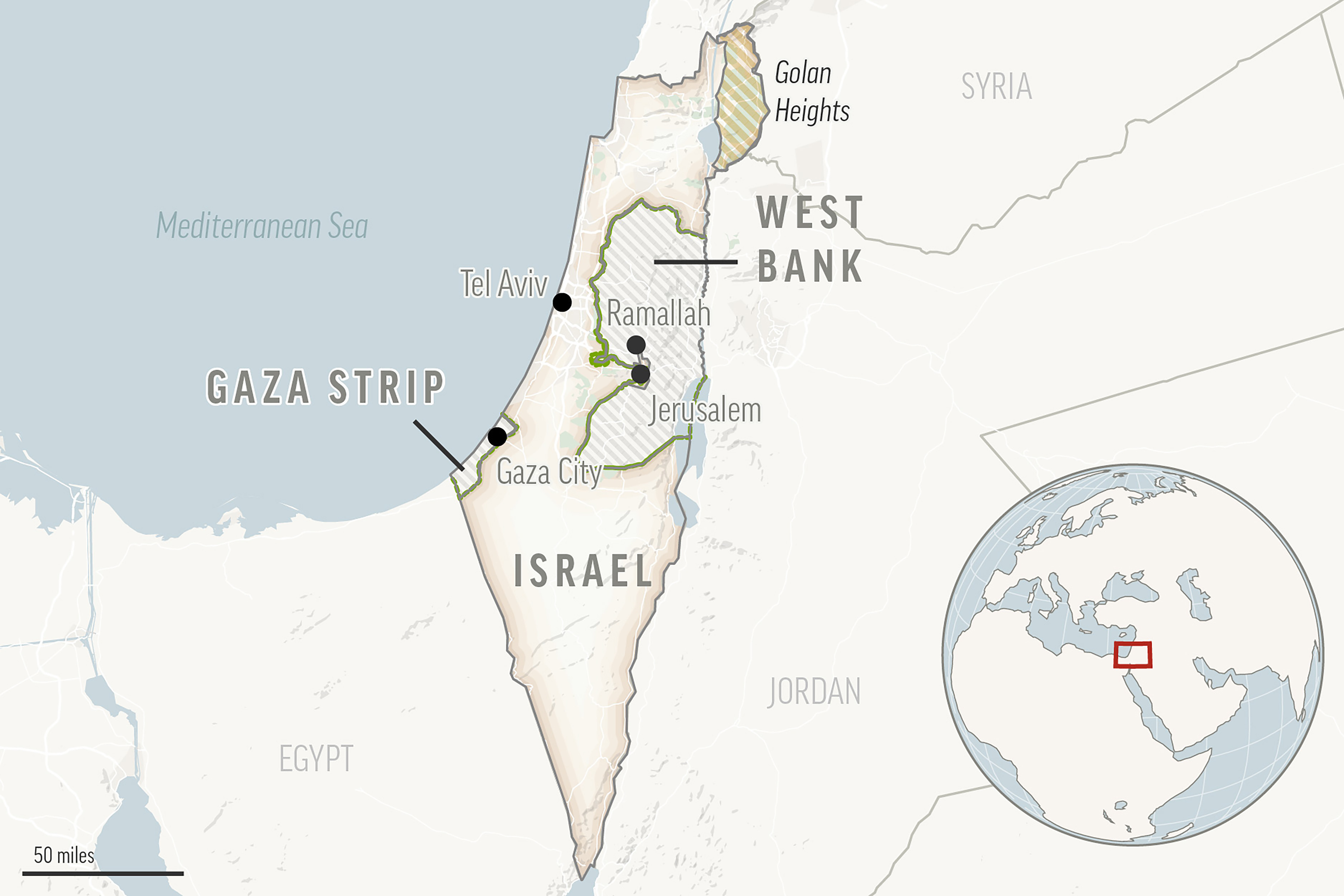 A locator map of Israel and the Palestinian Territories. Hamas militants have fired thousands of rockets and sent dozens of fighters into Israeli towns near the Gaza Strip in an unprecedented surprise early morning attack during a major Jewish holiday.