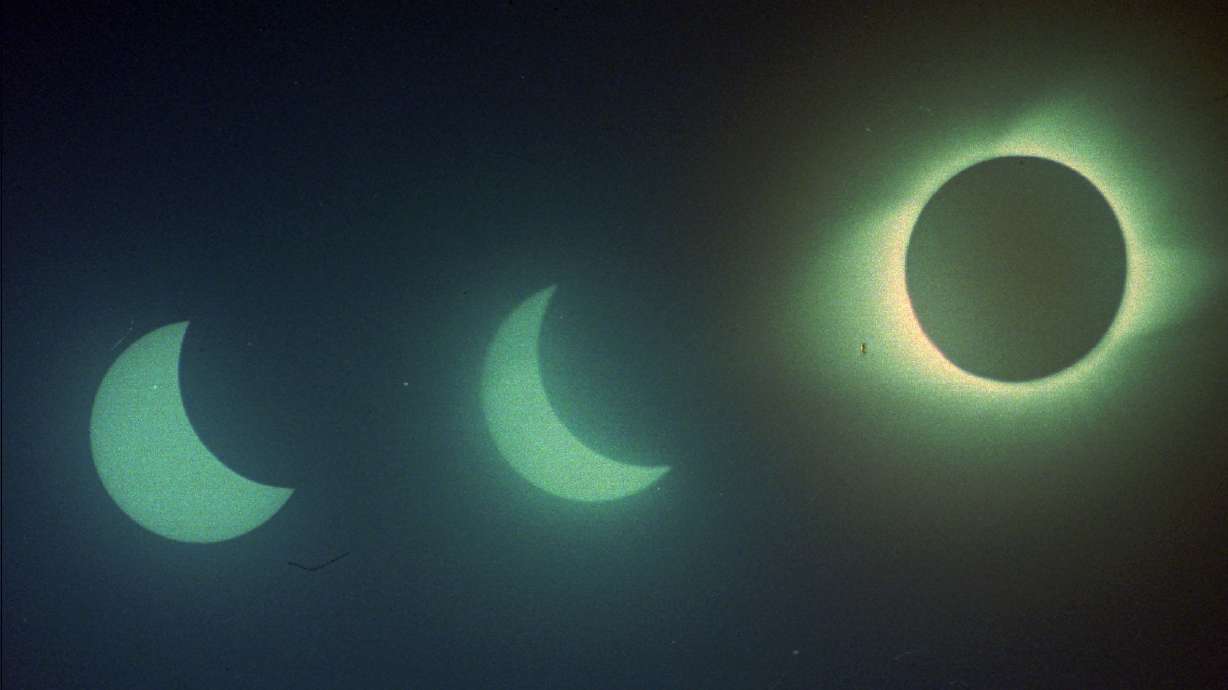 A multiple exposure photo showing the progression of a solar eclipse over Miculla, Peru, Nov. 3, 1994. An annular solar eclipse will be visible from parts of the western United States Oct. 14.