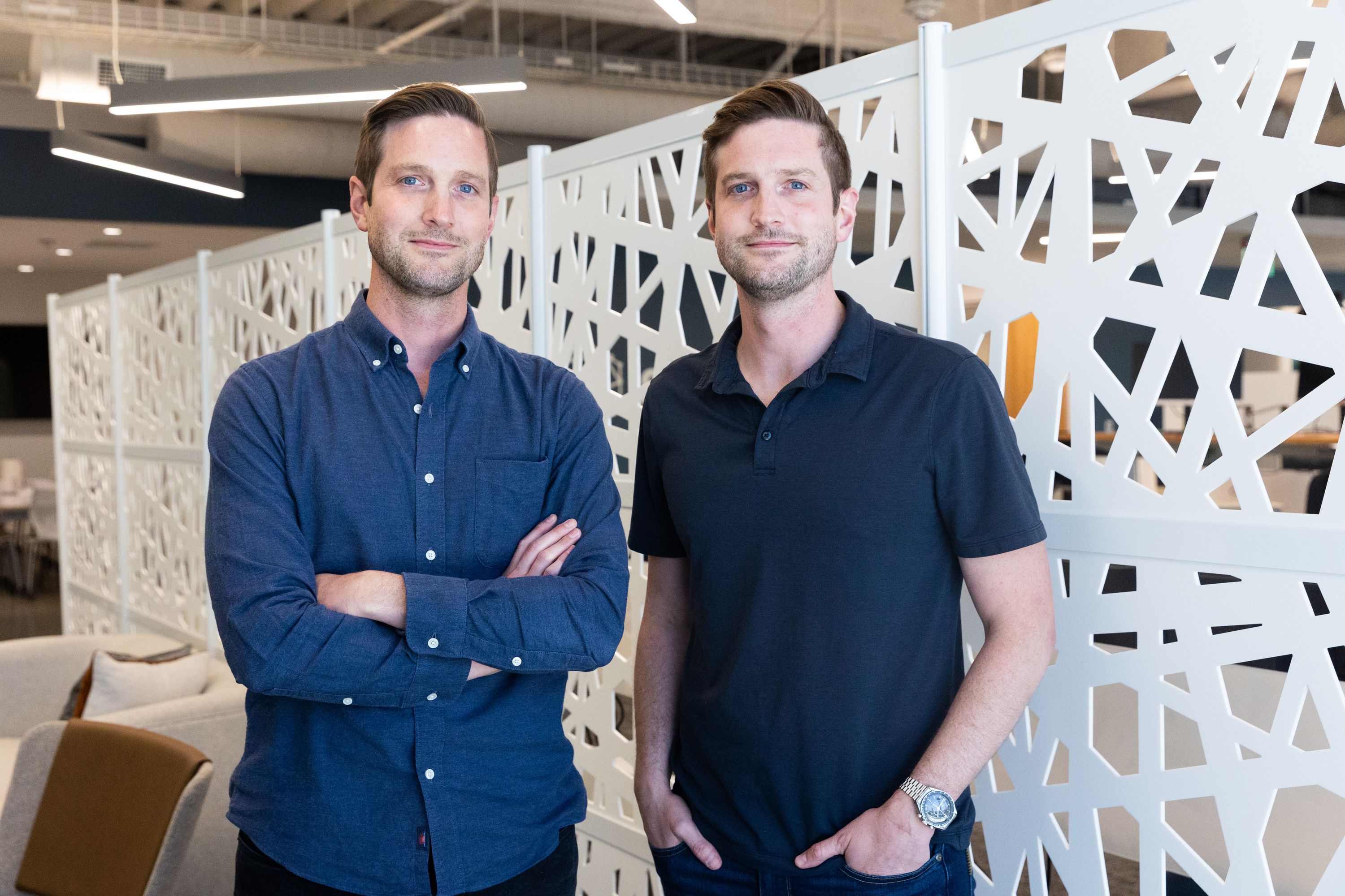 Eric, left, and Greg Levesque, founders of Utah-based tech startup Strider Technologies, pose for a portrait at their office in South Jordan on Aug. 14.