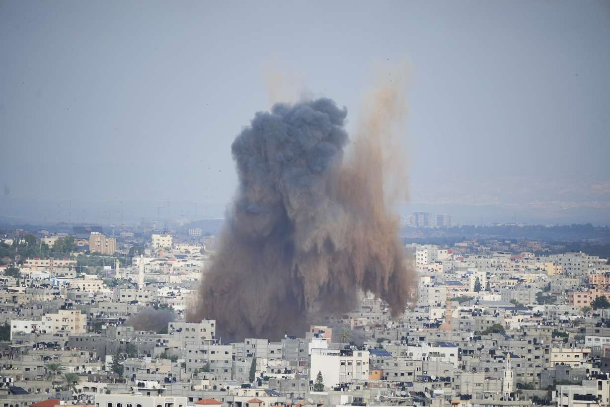 Smoke rises from an explosion caused by an Israeli airstrike in the Gaza Strip, Saturday.