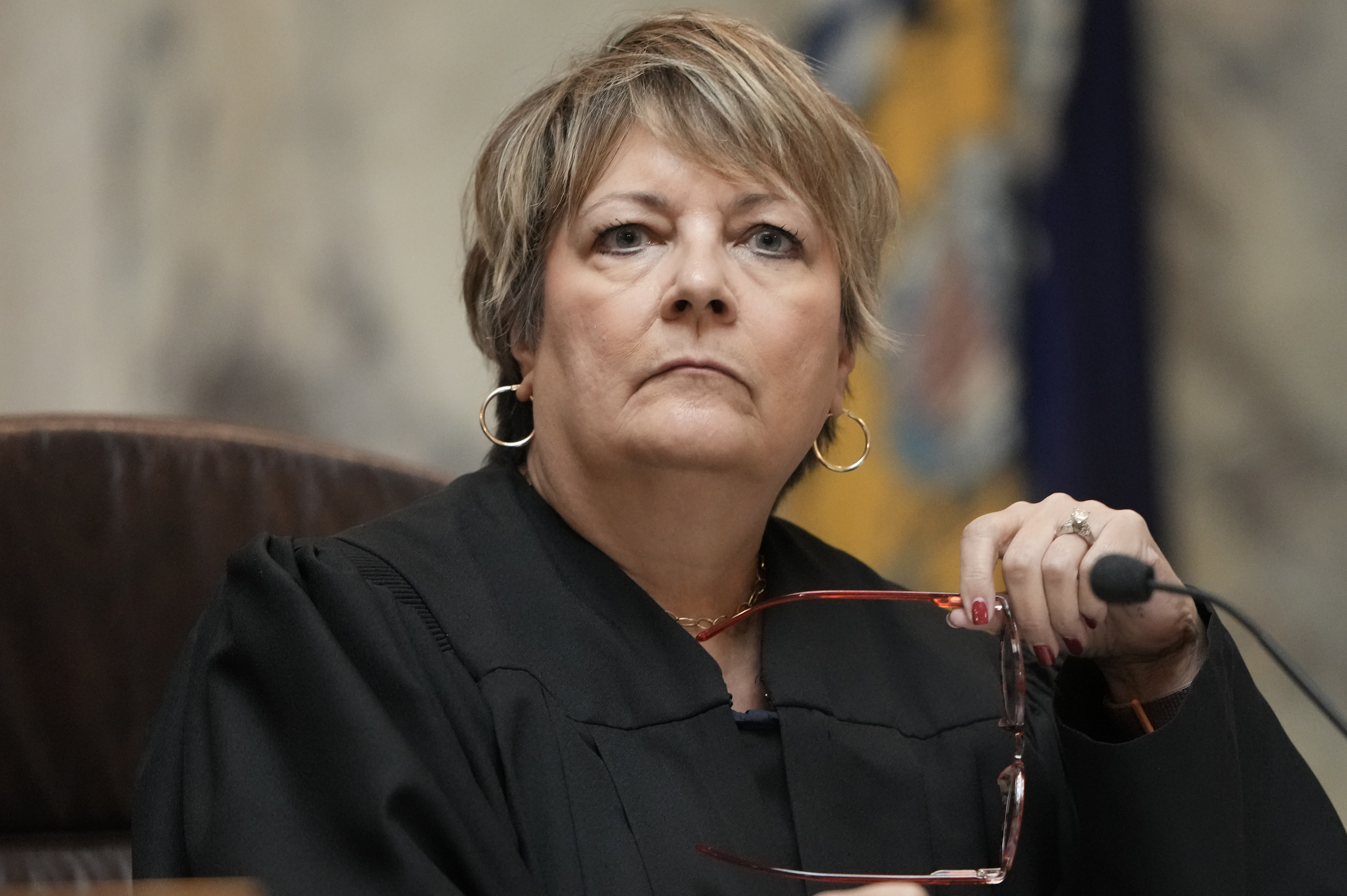 Wisconsin Supreme Court Justice Janet Protasiewicz attends her first hearing as a justice, Sept. 7, in Madison, Wis. Republican legislative leaders have threatened to impeach Protasiewicz.