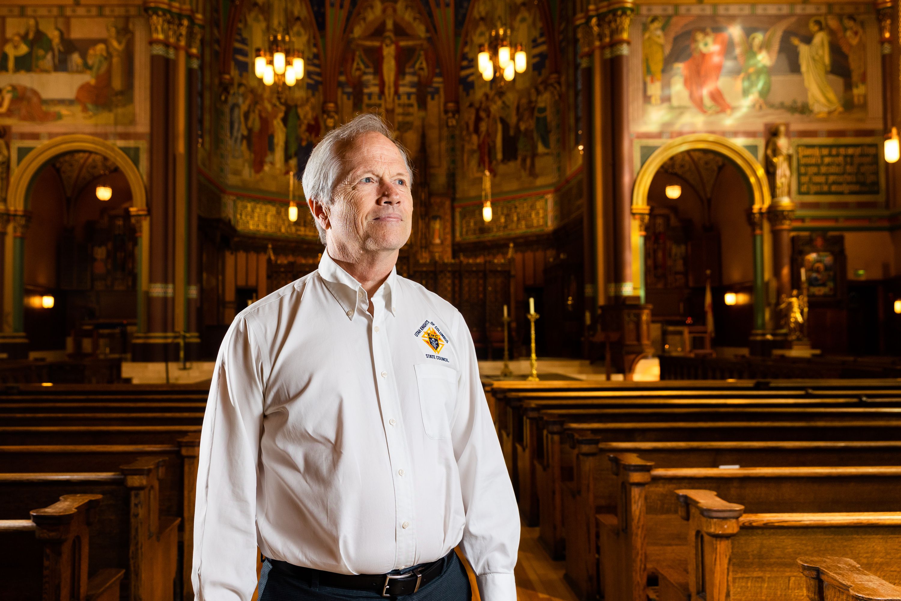 Andy Airriess, historian and public relations liaison for the Knights of Columbus fraternal organization, poses for a portrait at the Cathedral of the Madeleine in Salt Lake City on Sept. 25.