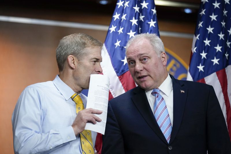 Rep. Jim Jordan, R-Ohio, left, and Rep. Steve Scalise, R-La., confer during a news conference at the Capitol in Washington, June 8, 2022. The two GOP leaders have emerged as contenders to replace former House Speaker Kevin McCarthy.