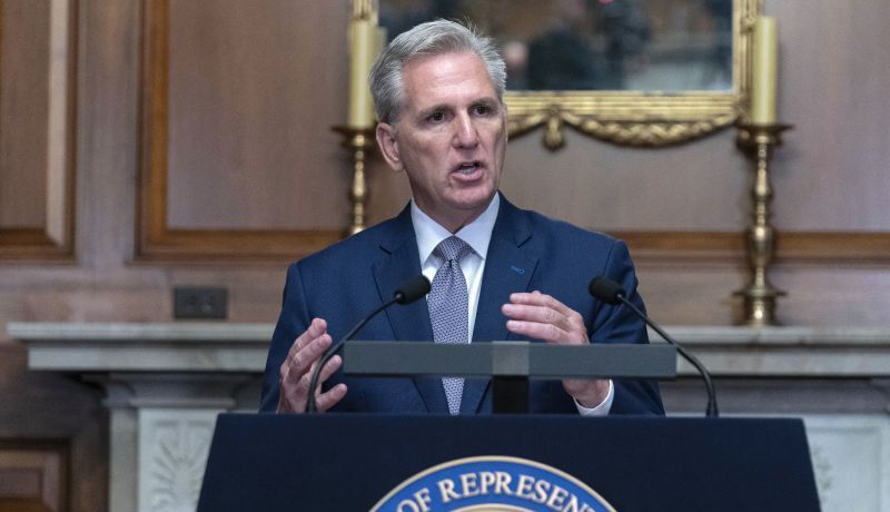 Former Speaker of the House Rep. Kevin McCarthy, R-Calif., speaks during a news conference at the Capitol in Washington, Monday. The absence of a House speaker leaves an unprecedented power vacuum in Congress.