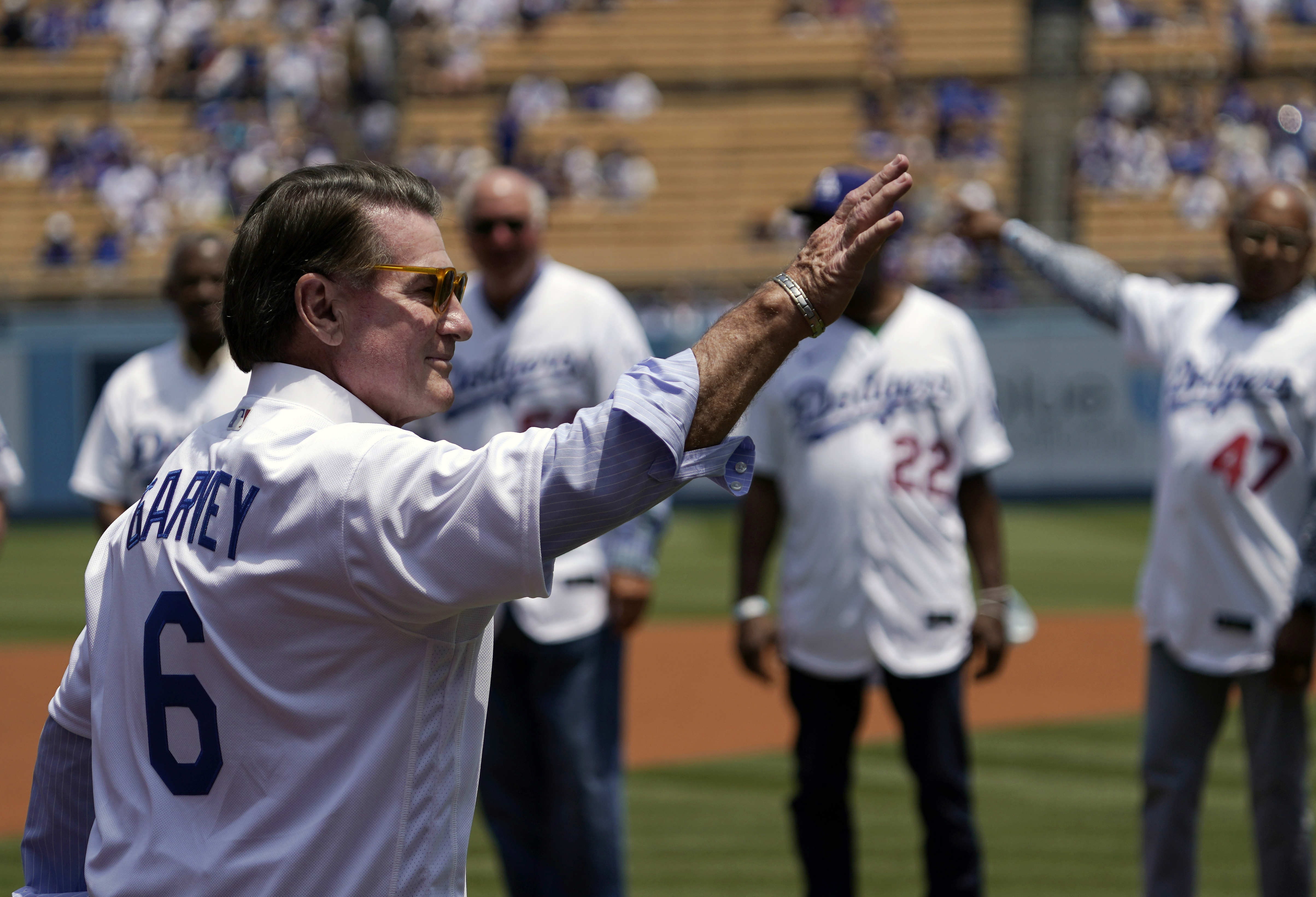 FILE - Former Los Angeles Dodgers first baseman Steve Garvey waves to fans prior to a baseball game between the Dodgers and the Colorado Rockies, Sunday, July 25, 2021, in Los Angeles. Garvey joined the race Tuesday, Oct. 10, 2023, to succeed the late California Sen. Dianne Feinstein, giving Republicans a splash of star quality on the ballot in a heavily Democratic state where the GOP hasn’t won a Senate race in 35 years.