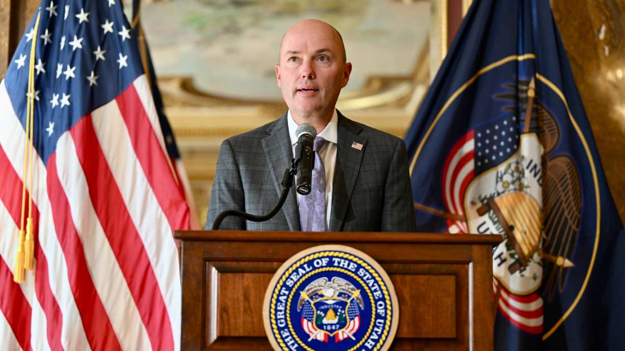Utah Gov. Spencer Cox announces a lawsuit against the social media company TikTok at the Capitol in Salt Lake City on Tuesday.