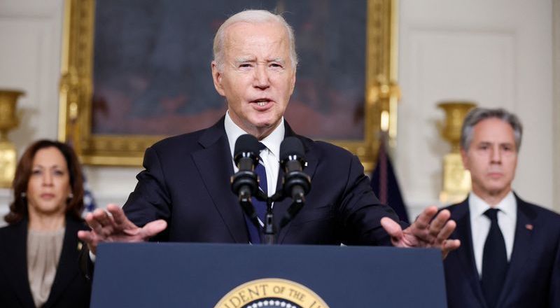 President Joe Biden, accompanied by Vice President Kamala Harris and Secretary of State Antony Blinken, makes remarks about the situation in Israel following Hamas' deadly attacks, from the White House in Washington, Tuesday.