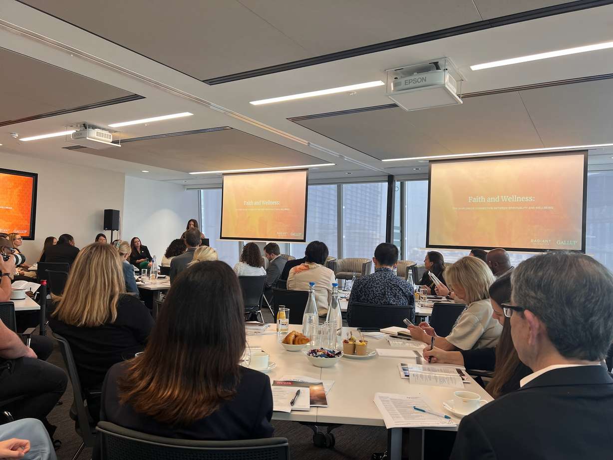 Gallup and the Radiant Foundation present data about the connection between mental health and religiosity at the Wellbeing Forum in London on Monday, Oct. 9, 2023.