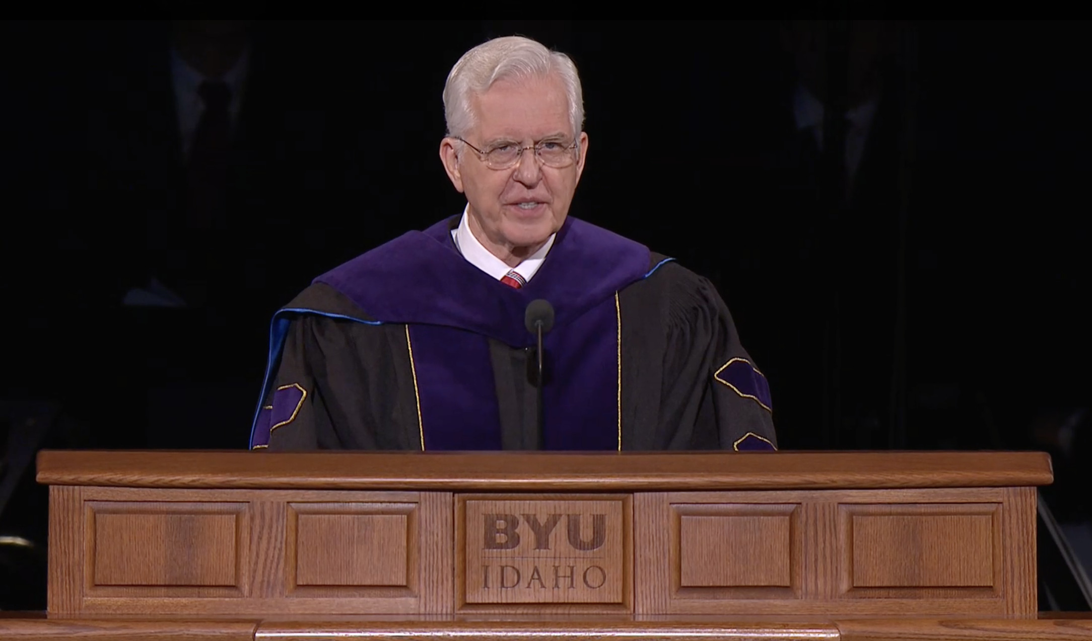 Elder D. Todd Christofferson of the Quorum of the Twelve Apostles and BYU-Idaho’s board of trustees speaks at the inauguration of President Alvin F. Meredith at the BYU-Idaho Center in Rexburg, Idaho, on Tuesday.