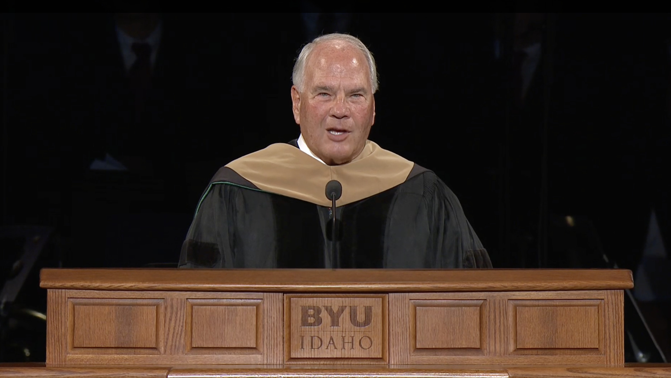 The vice chairman of the executive committee of BYU-Idaho’s board of trustees, Elder Ronald A. Rasband of the Quorum of the Twelve Apostles, speaks at the inauguration of the school’s 18th president, Elder Alvin F “Trip” Meredith III, in Rexburg, Idaho, on Tuesday.
