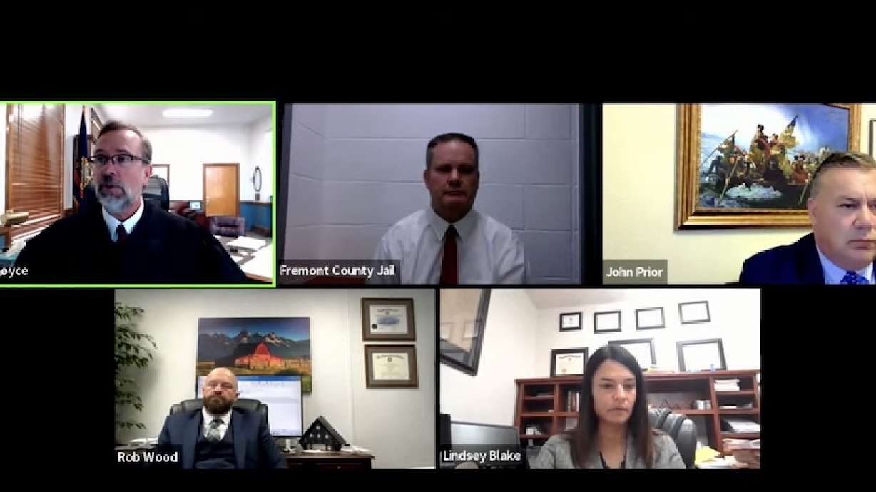 A status conference was held in Chad Daybell’s case Tuesday afternoon. Top from left is Judge Steven Boyce, Chad Daybell, John Prior. Bottom is Rob Wood, left, and Lindsey Blake, right.
