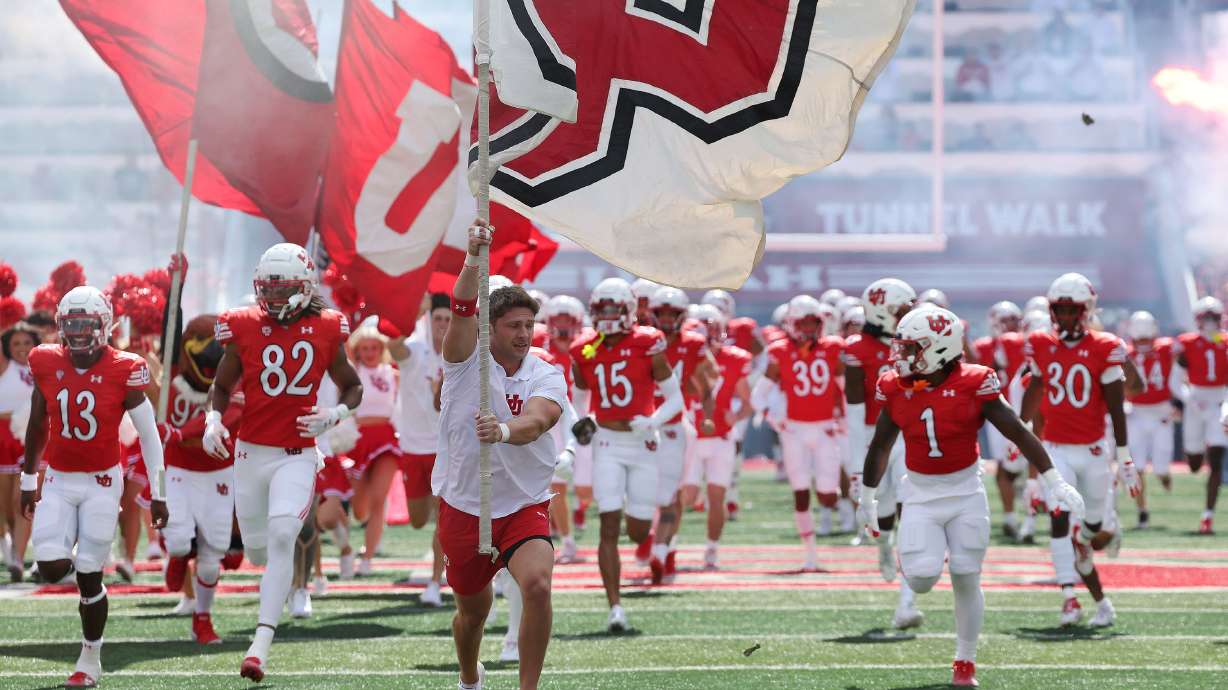 The Utah Utes take the field for a Pac-12 football game against UCLA in Salt Lake City on Saturday, Sept. 23, 2023.