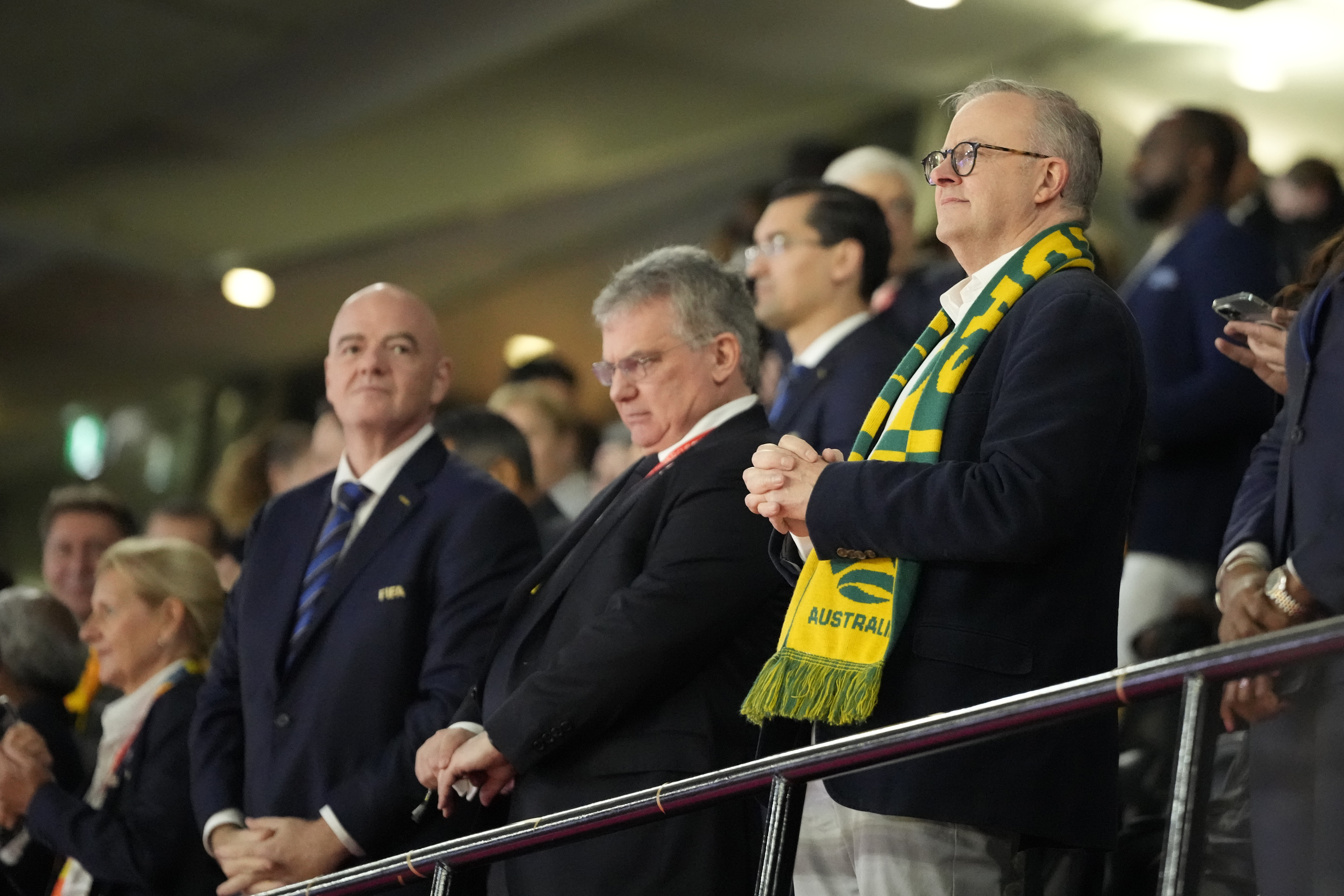FILE - President of FIFA Gianni Infantino, left, and Australian Prime Minister Anthony Albanese, right, stand ahead of the Women's World Cup semifinal soccer match between Australia and England at Stadium Australia in Sydney, Australia, on Aug. 16, 2023.