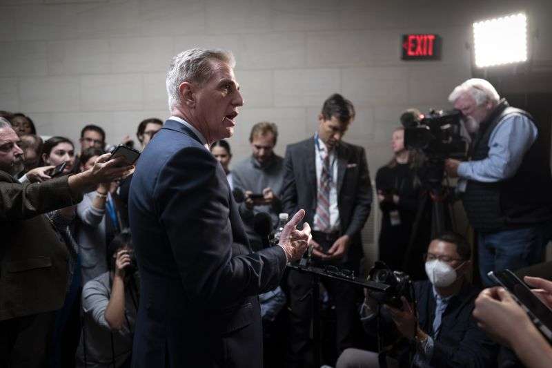 Former Speaker Kevin McCarthy, R-Calif., talks to reporters as House Republicans hold a closed-door forum to hear from the candidates for speaker of the House, at the Capitol in Washington, Tuesday. House business and most congressional action has come to a standstill after Rep. Kevin McCarthy, R-Calif., was ousted as speaker by conservatives in his own party.