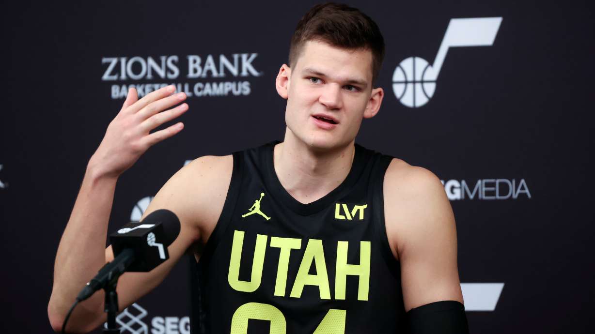 Center Walker Kessler talks to members of the media during Utah Jazz media day at the Zions Bank Basketball Center in Salt Lake City on Monday, Oct. 2, 2023.