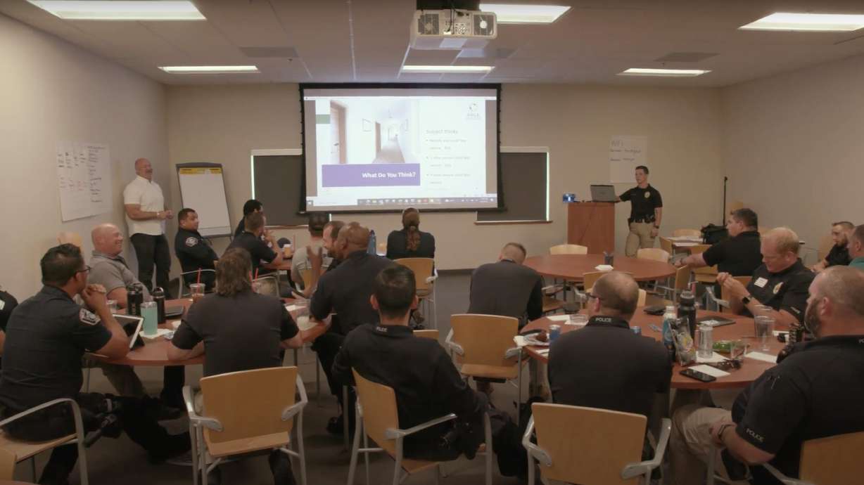 Weber State University police officers work to complete the Active Bystandership for Law Enforcement training, a national certification program designed to strengthen a culture of peer accountability within police departments.