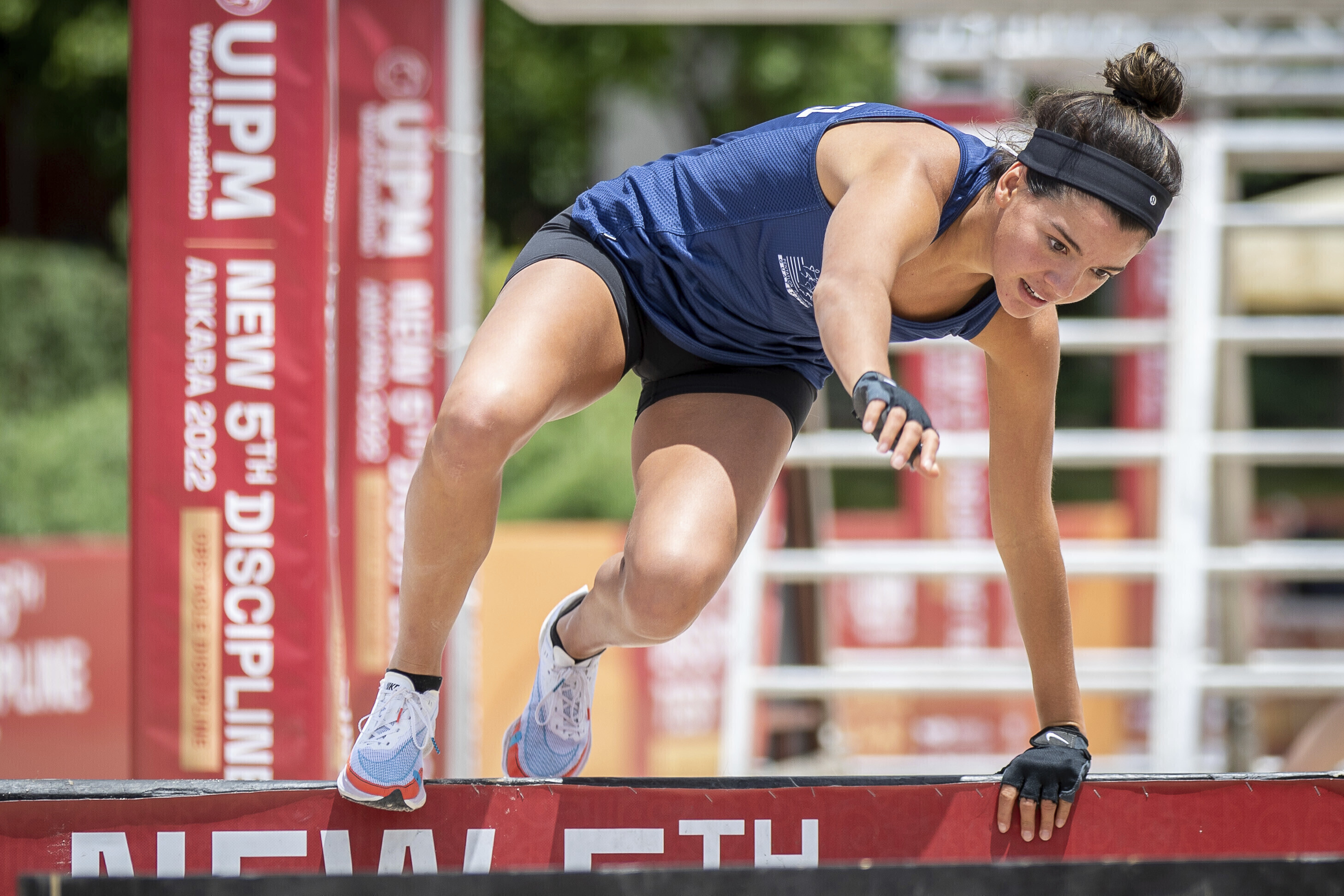 This photo provided by the Union Internationale de Pentathlon Moderne shows Sophie Hernandez competing at a test event in Ankara, Turkey on June 28, 2022. The athletes in modern pentathlon know for certain horses won’t be part of their event at the 2028 Los Angeles Olympics. They just hope they get invited.