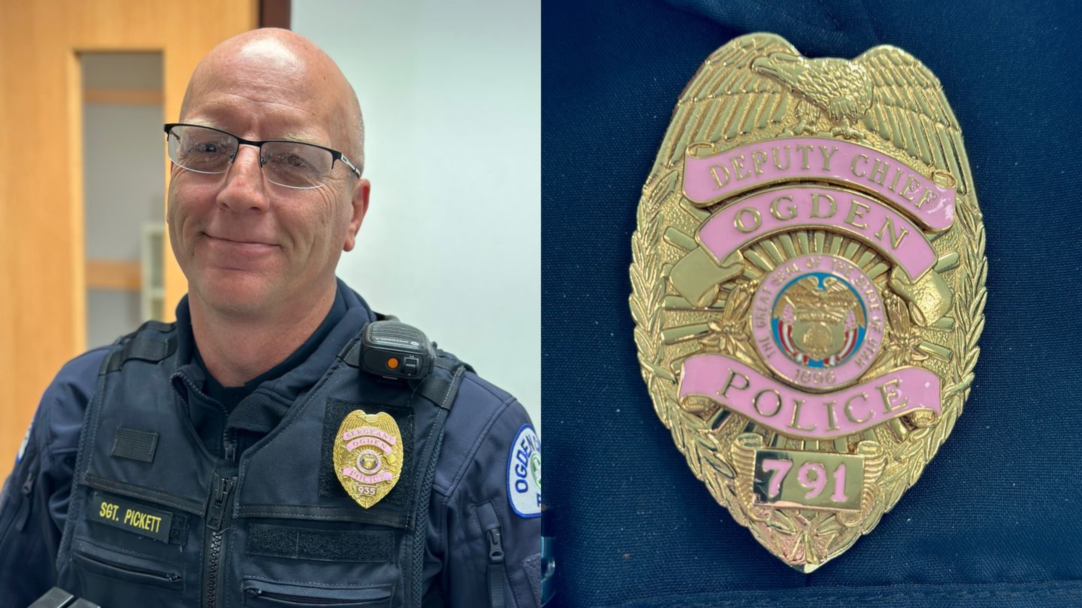Ogden Police Sgt. Kevin Pickett dons a pink badge for Breast Cancer Awareness Month. The department is wearing pink badges during October to encourage early detection, raise community awareness and support those undergoing treatment.