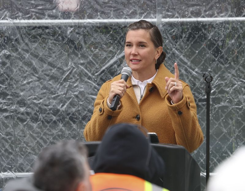 Salt Lake City Mayor Erin Mendenhall speaks during a beam placement ceremony at Astra Tower in Salt Lake City on Thursday. When finished, the 40-story Astra Tower in Salt Lake City's downtown will be Utah’s tallest high-rise at 450 feet. - Laura Seitz, Deseret News