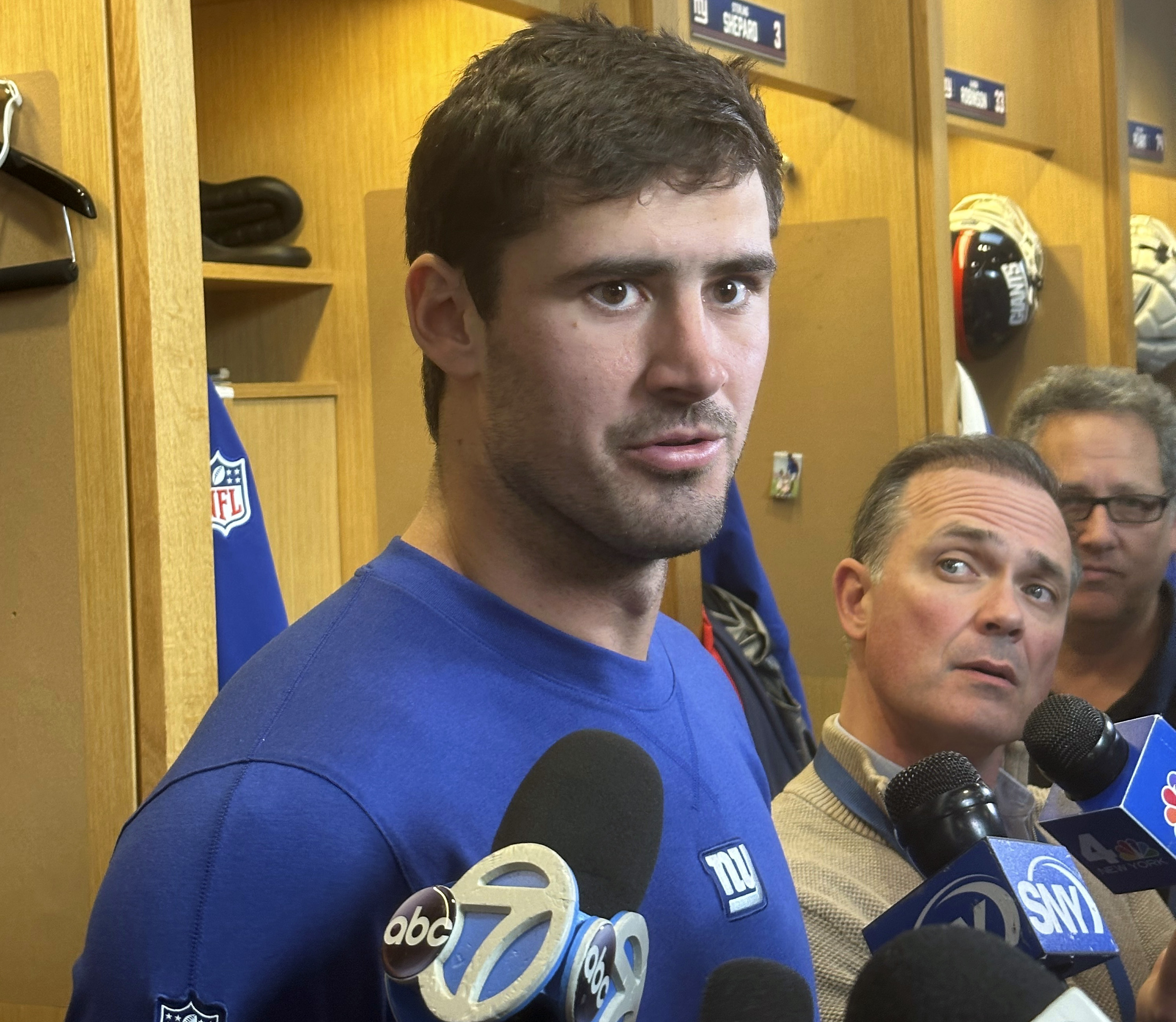 New York Giants quarterback Daniel Jones speaks with reporters following NFL football practice, Wednesday, Oct. 11, 2023, in East Rutherford, N.J. Jones was held out of practice on Wednesday because of a sore neck and his status for this weekend's game against the Buffalo Bills is uncertain.