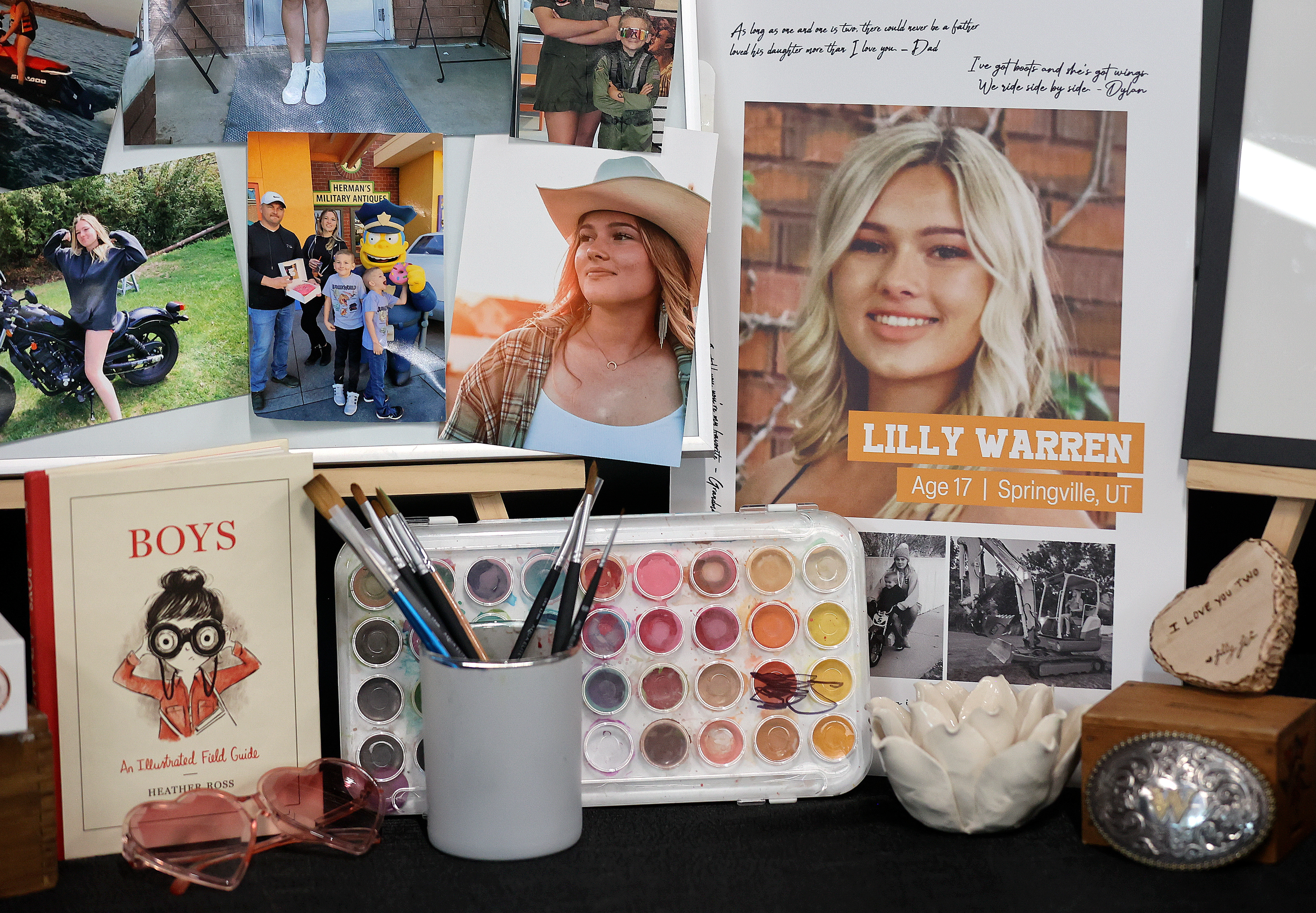 Photos and mementos honoring Lilly Warren, who died when she was hit by a car last year, are on display during a press event ahead of National Teen Driver Safety Week at the Kearns Library on Thursday.