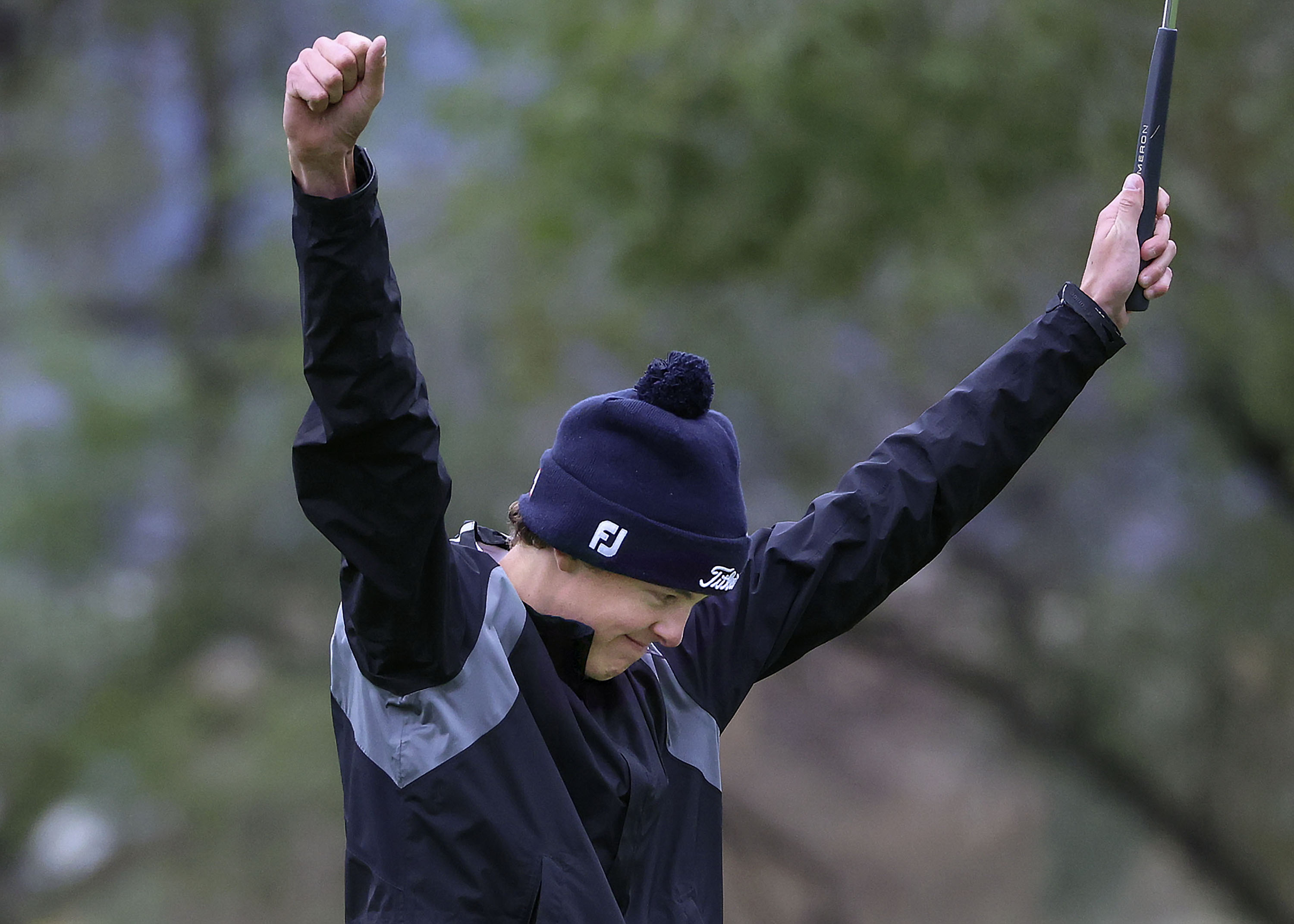 Morgan's Lance Loughton Jr. celebrates after winning the 3A state tournament at Meadow Brook Golf Course in Taylorsville on Thursday, Oct. 12, 2023.