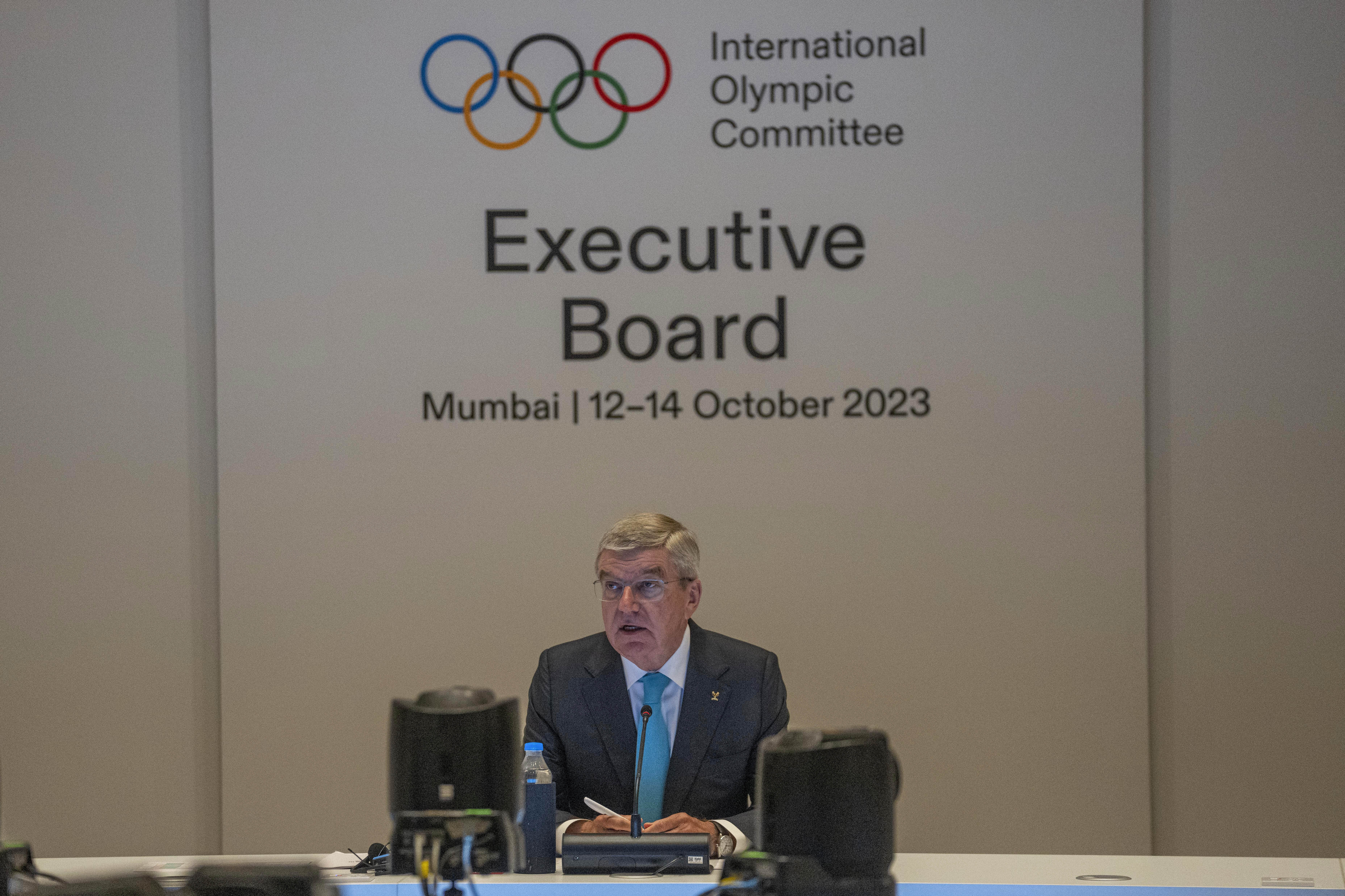 International Olympic Committee (IOC) president Thomas Bach speaks on the first day of the executive board meeting of the IOC ahead of the upcoming 141st IOC session in Mumbai, India, Thursday, Oct. 12, 2023.