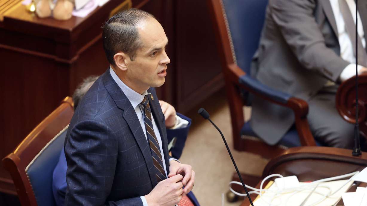 Sen. Mike McKell, R-Spanish Fork, speaks at the Capitol in Salt Lake City on March 2, 2022. McKell said he's considering a constitutional amendment to make the Utah attorney general an appointed position instead of an elected position.