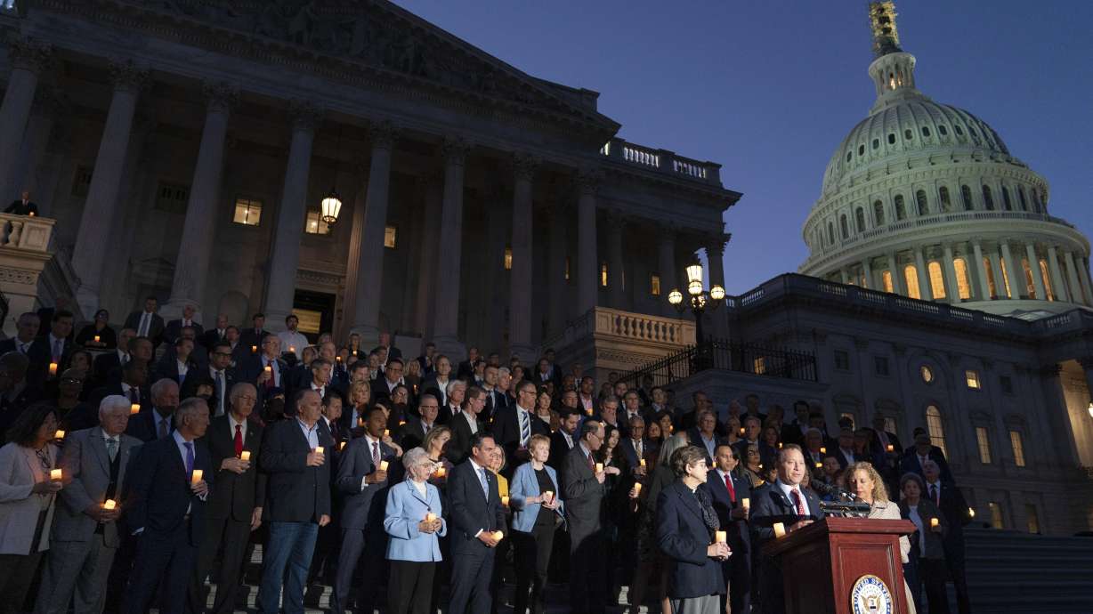 Members of Congress host a candlelight vigil for Israel at the Capitol in Washington on Thursday. Reps. Blake Moore, John Curtis and Burgess Owens issued a joint statement Friday supporting Israel’s efforts to defend against future attacks.