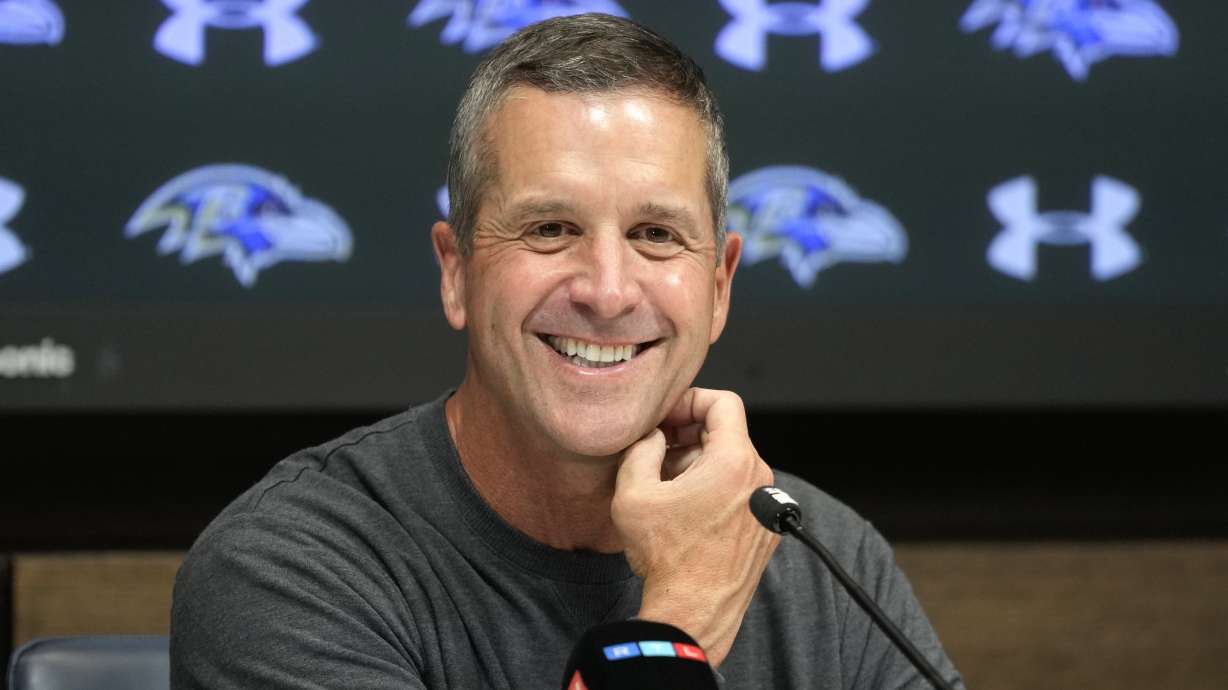 Baltimore Ravens head coach John Harbaugh speaks at an NFL press conference at the Tottenham Hotspur training ground in London, Friday, Oct. 13, 2023, ahead of the NFL game against Tennessee Titans at the Tottenham Hotspur stadium on Oct. 15, 2023.